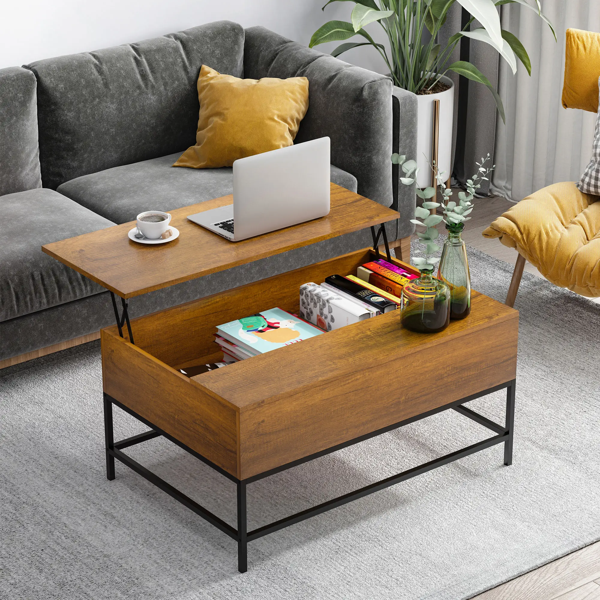 Lift Top Coffee Table, Hidden Storage, Living Room, Teak - Image 8