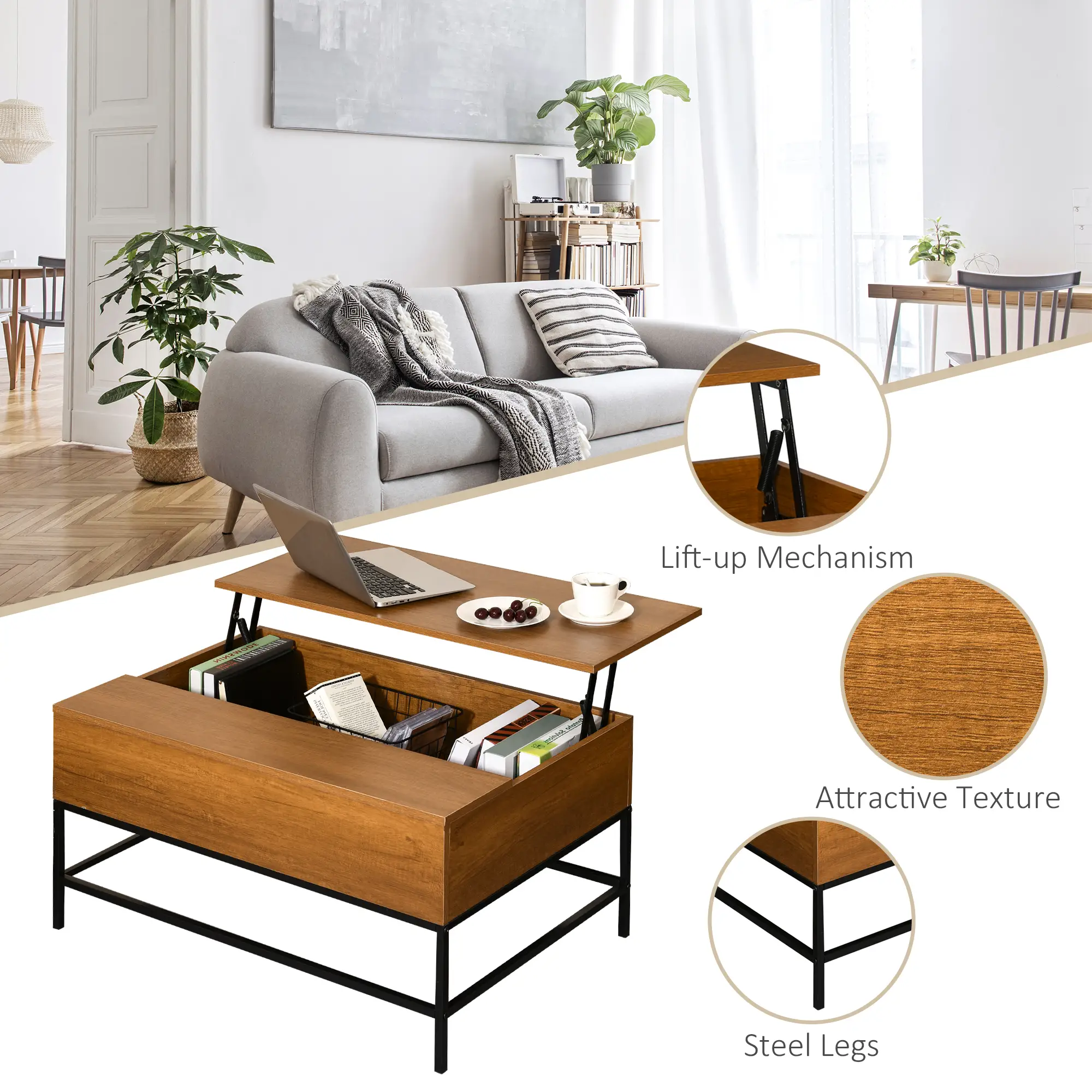 Lift Top Coffee Table, Hidden Storage, Living Room, Teak - Image 9