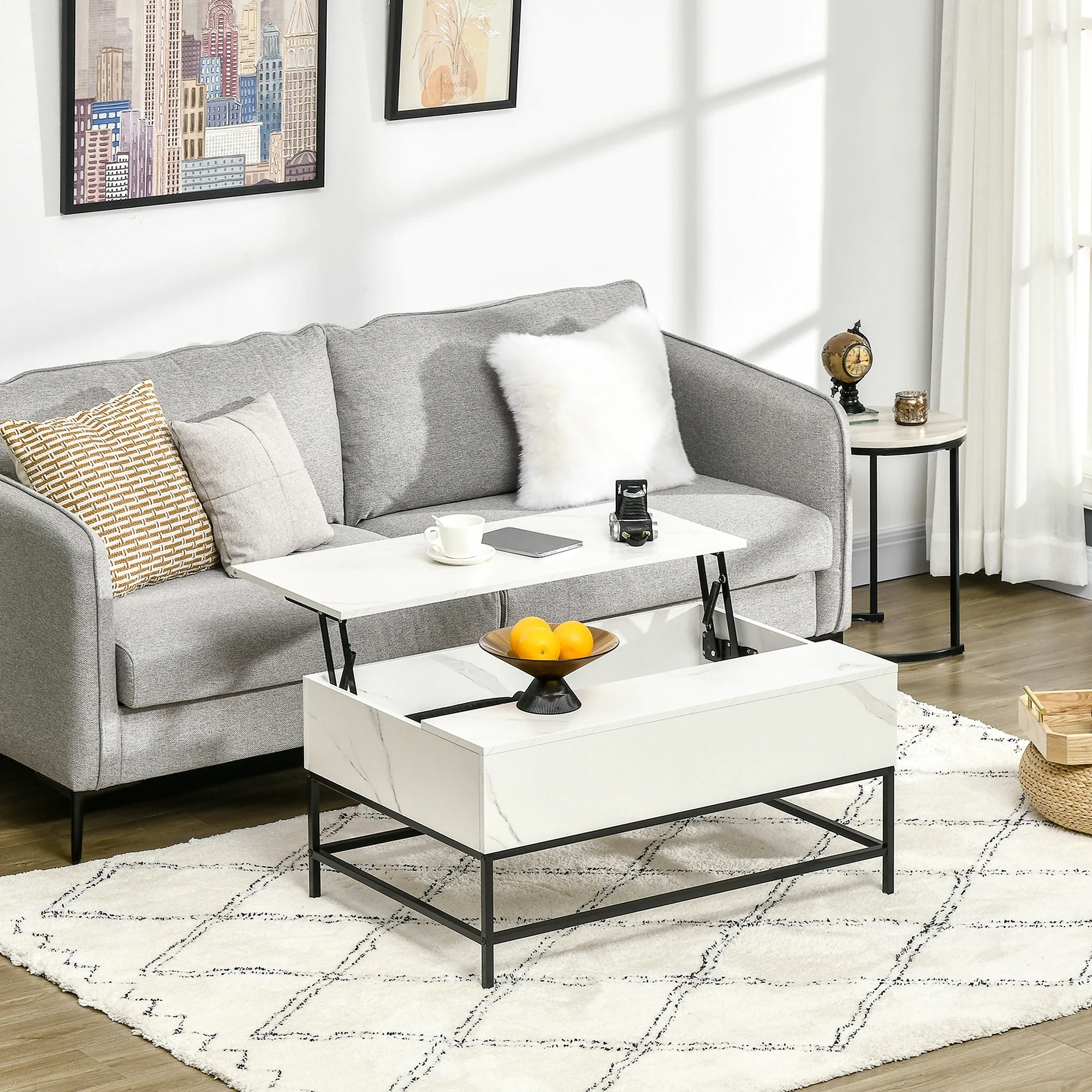 Lift Top Coffee Table, Hidden Storage, Living Room, White - Image 2