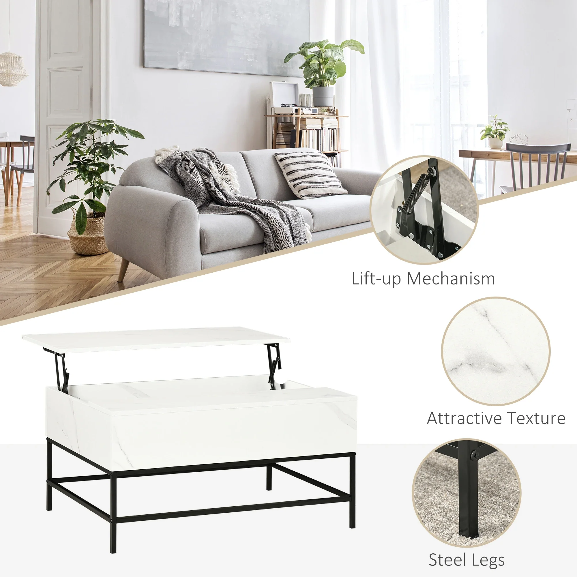 Lift Top Coffee Table, Hidden Storage, Living Room, White - Image 6