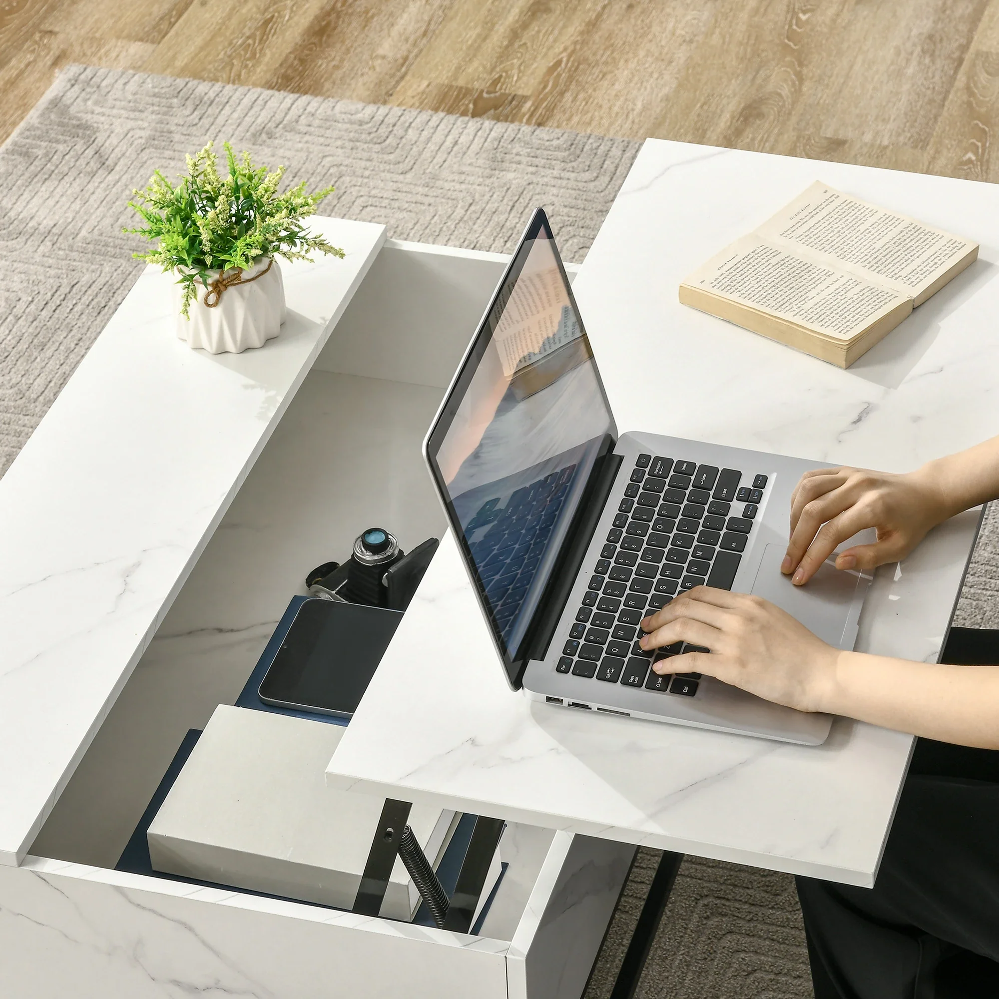 Lift Top Coffee Table, Hidden Storage, Living Room, White - Image 9