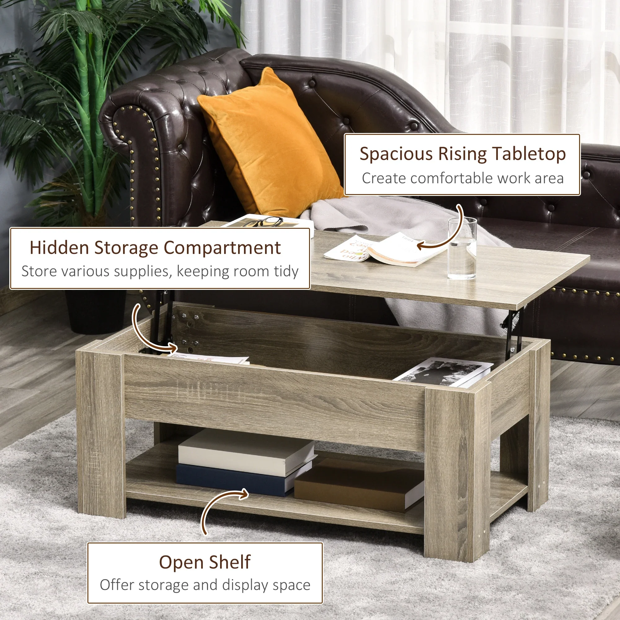 Lift Top Coffee Table, Hidden Storage, Open Shelf, Living Room, Grey - Image 5