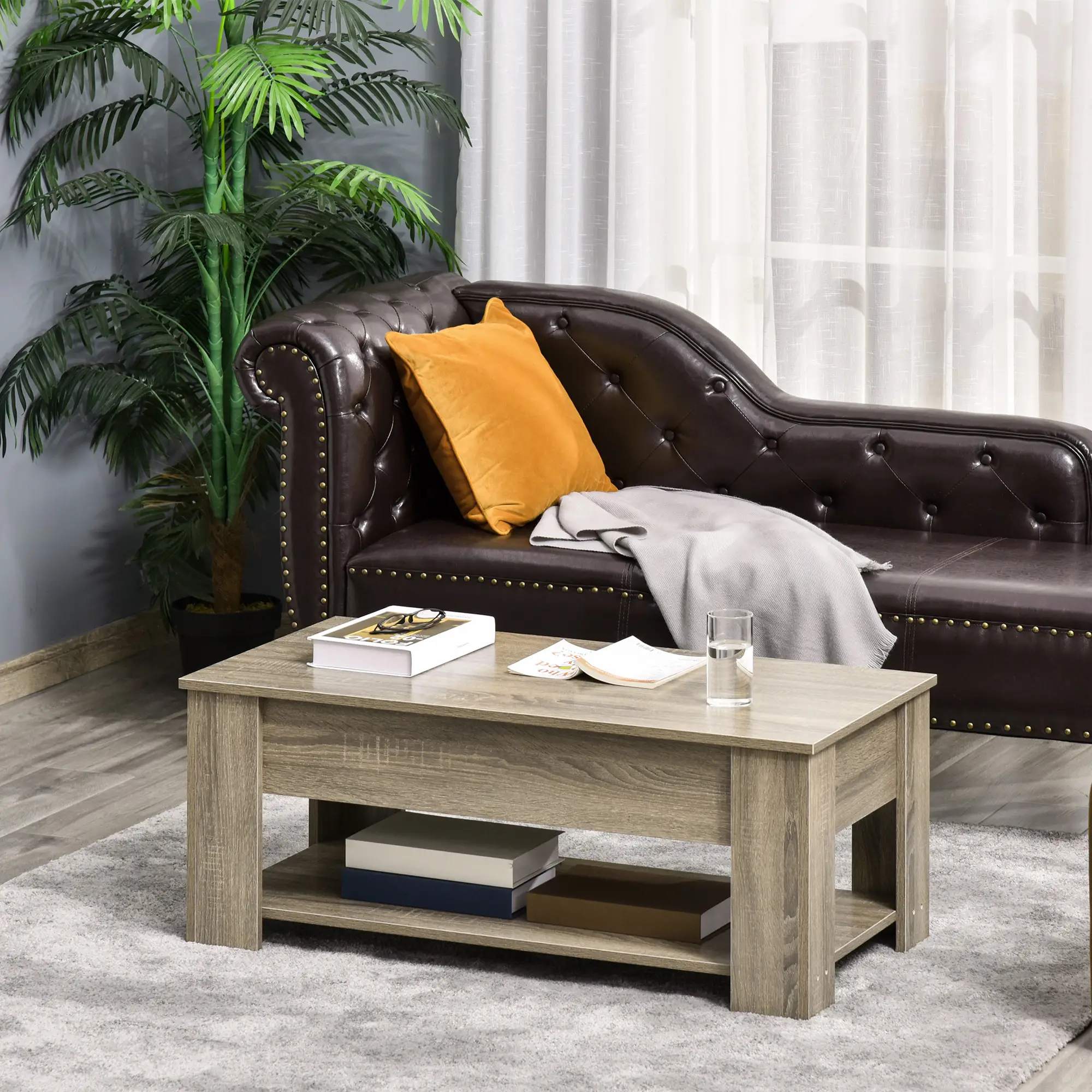 Lift Top Coffee Table, Hidden Storage, Open Shelf, Living Room, Grey - Image 7