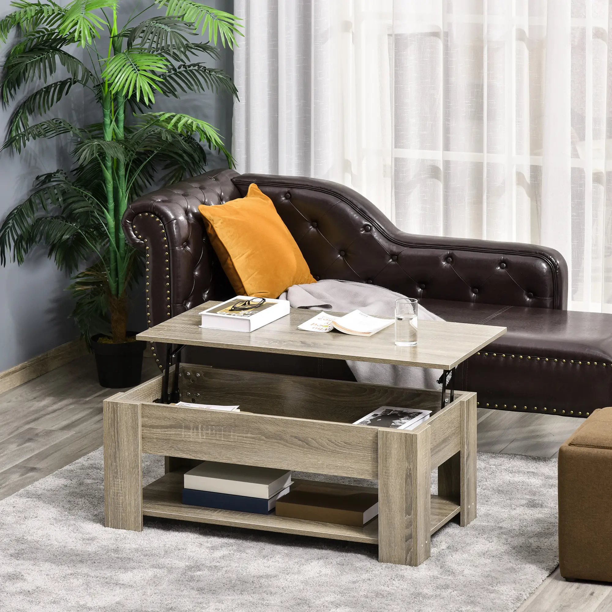 Lift Top Coffee Table, Hidden Storage, Open Shelf, Living Room, Grey - Image 8