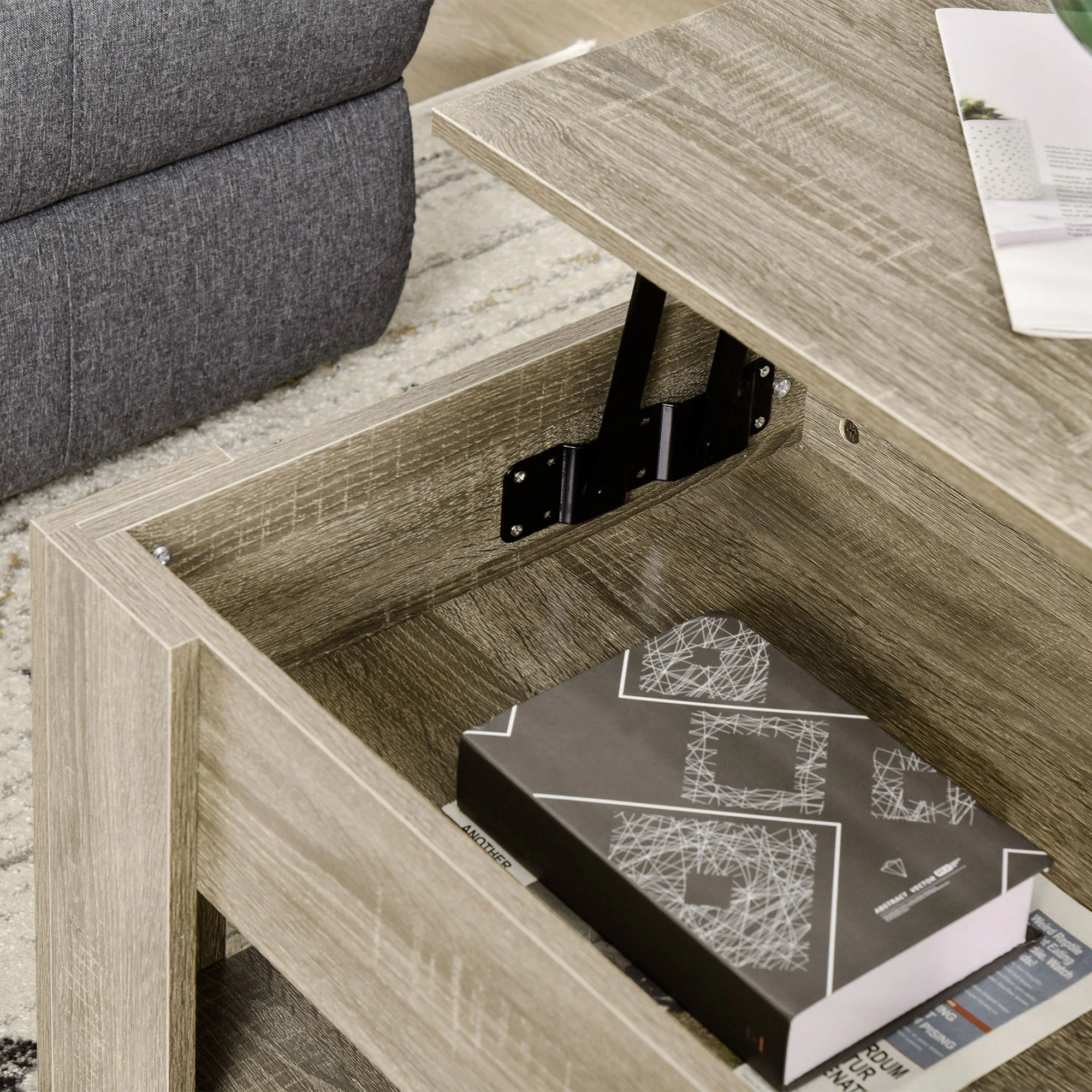 Lift Top Coffee Table, Hidden Storage, Open Shelf, Living Room, Grey - Image 9