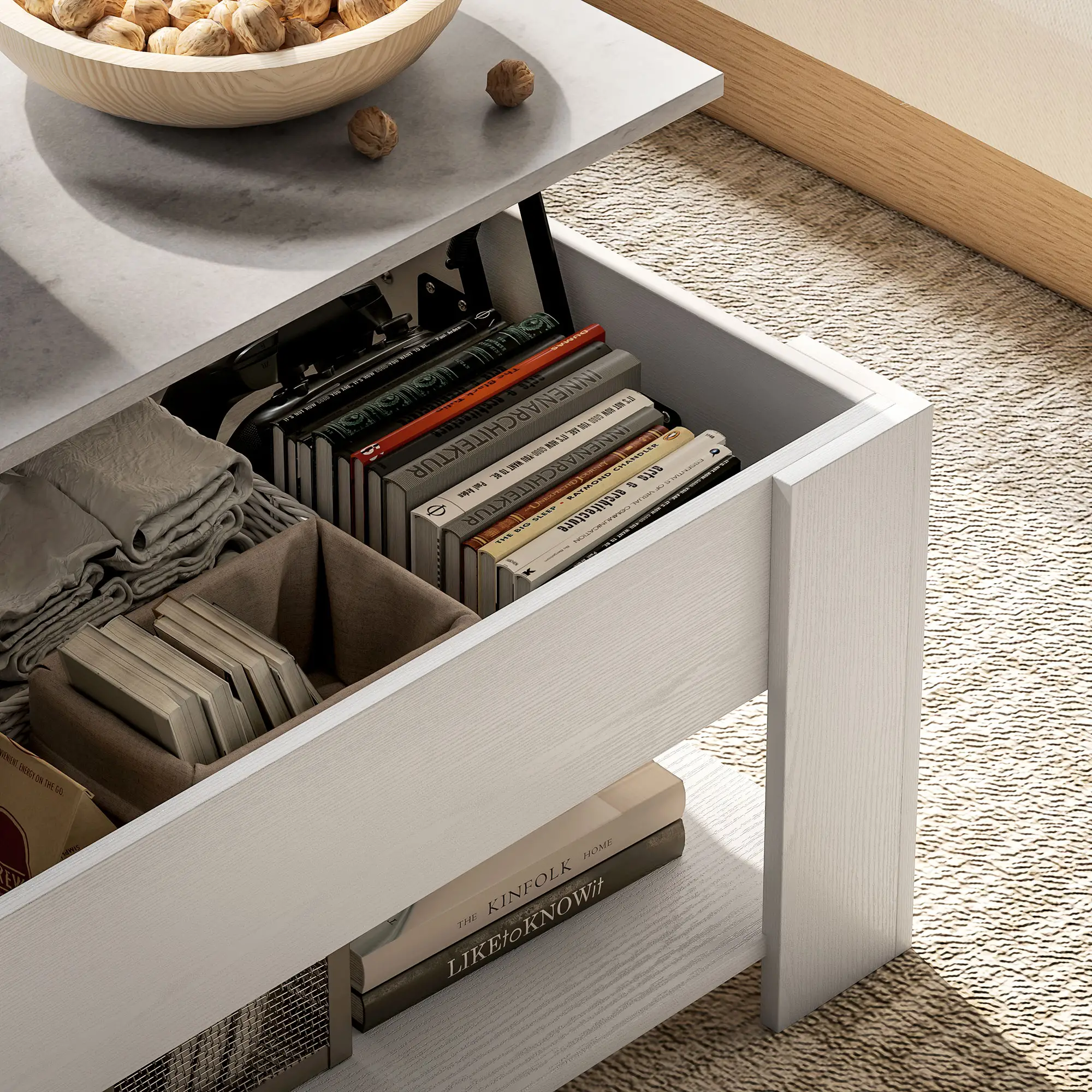 Lift Top Coffee Table, Hidden Storage, Open Shelf, White - Image 10