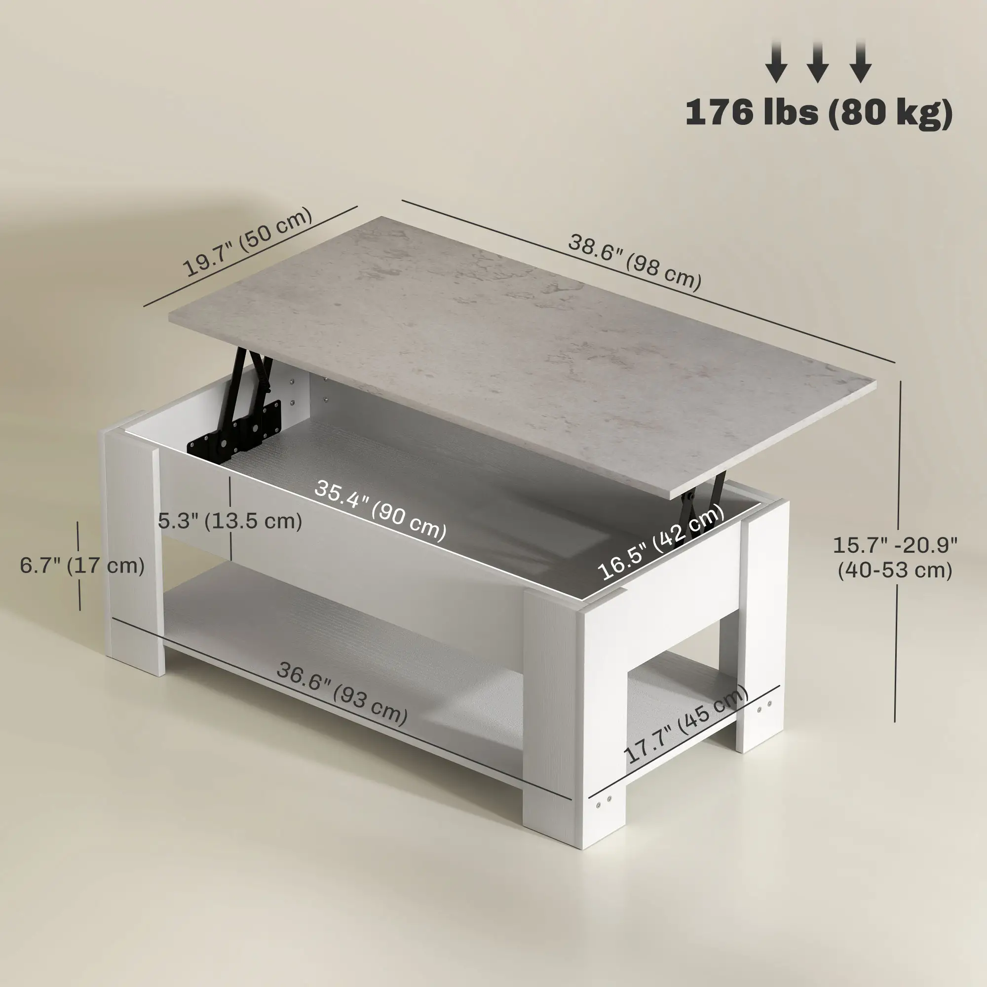 Lift Top Coffee Table, Hidden Storage, Open Shelf, White - Image 3