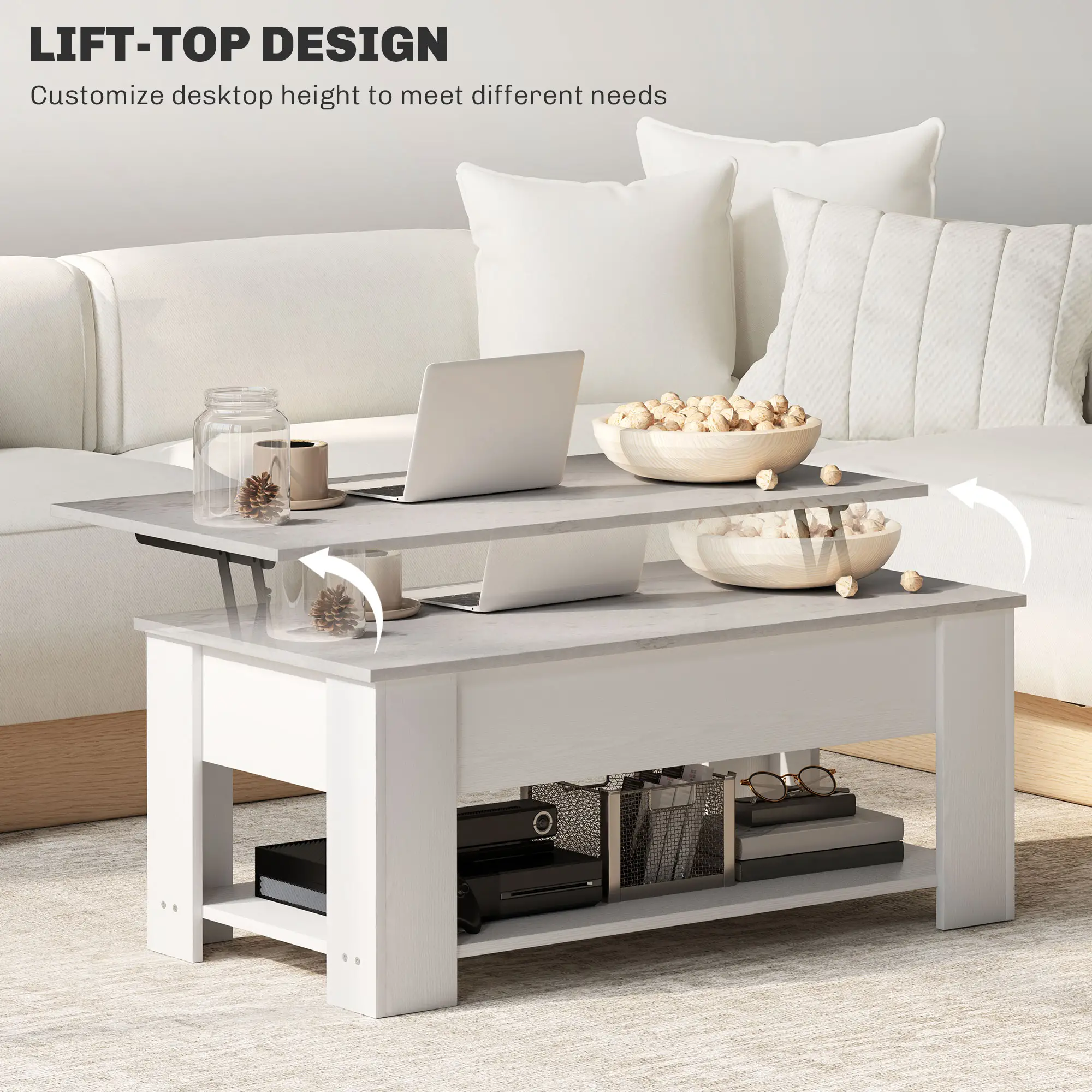 Lift Top Coffee Table, Hidden Storage, Open Shelf, White - Image 4