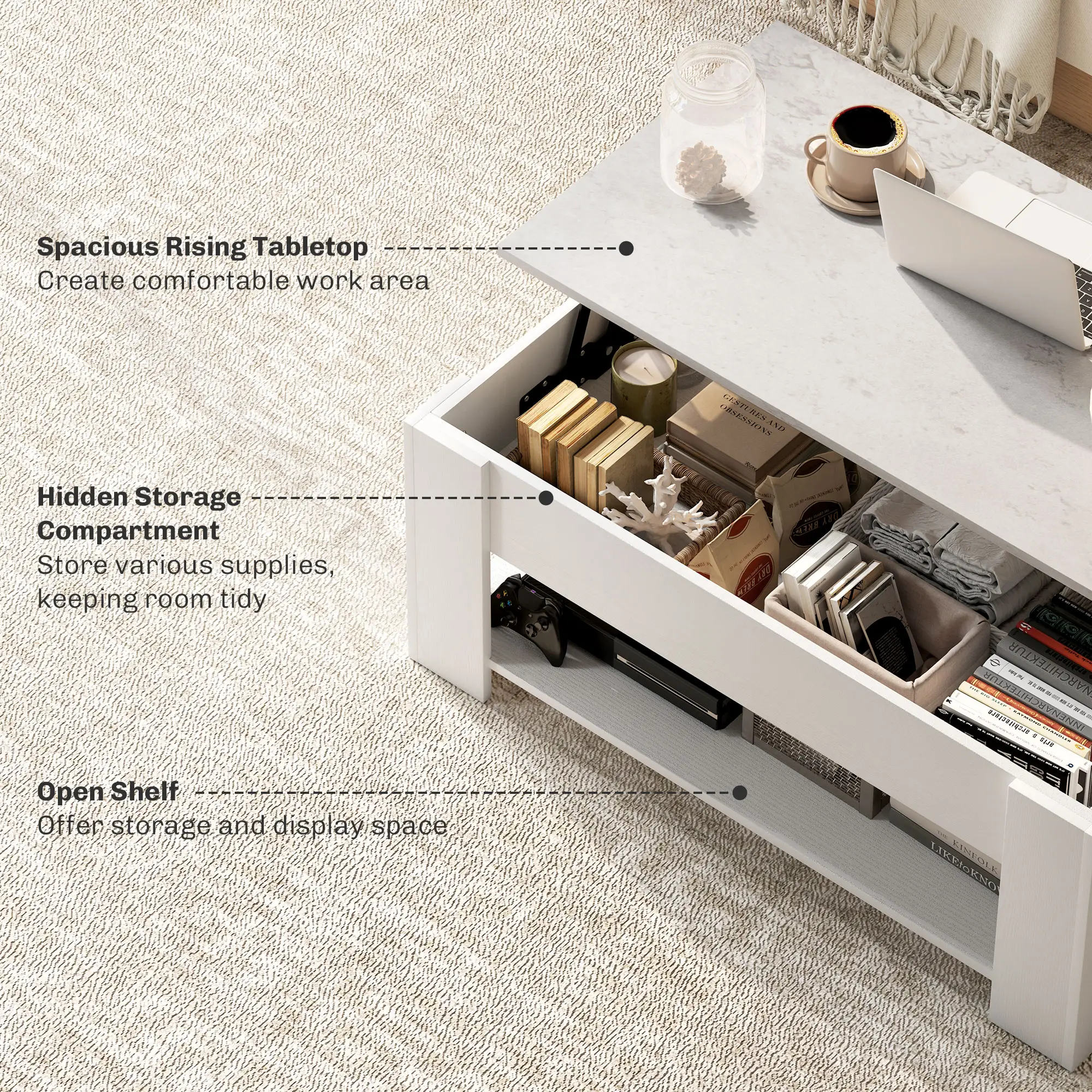 Lift Top Coffee Table, Hidden Storage, Open Shelf, White - Image 5