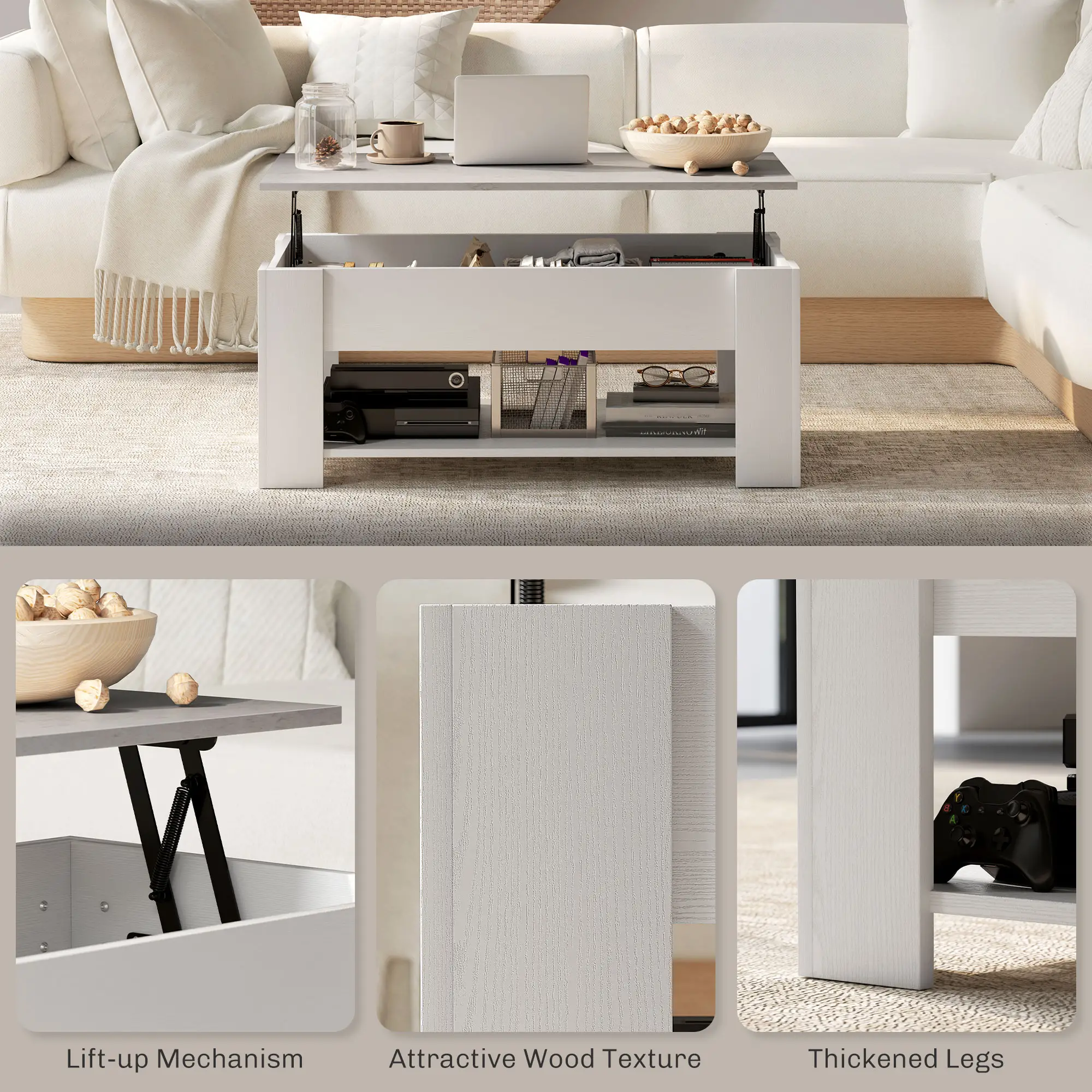 Lift Top Coffee Table, Hidden Storage, Open Shelf, White - Image 6