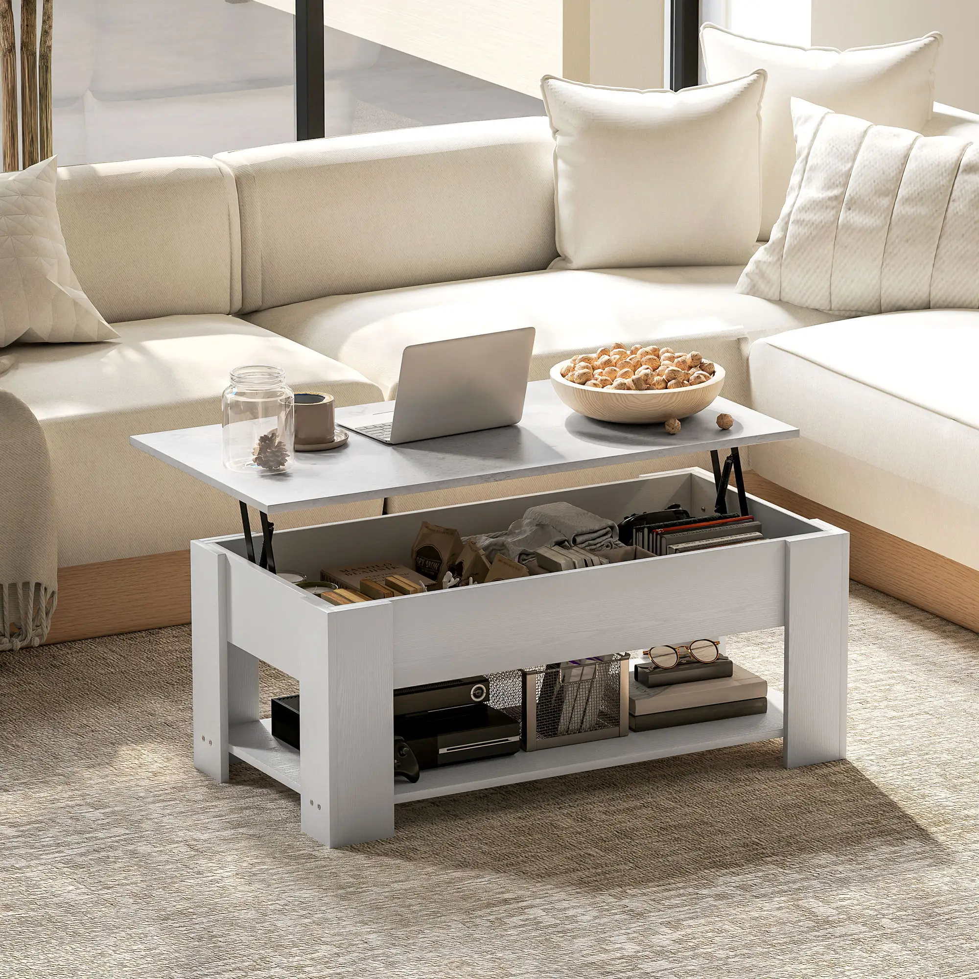 Lift Top Coffee Table, Hidden Storage, Open Shelf, White - Image 7