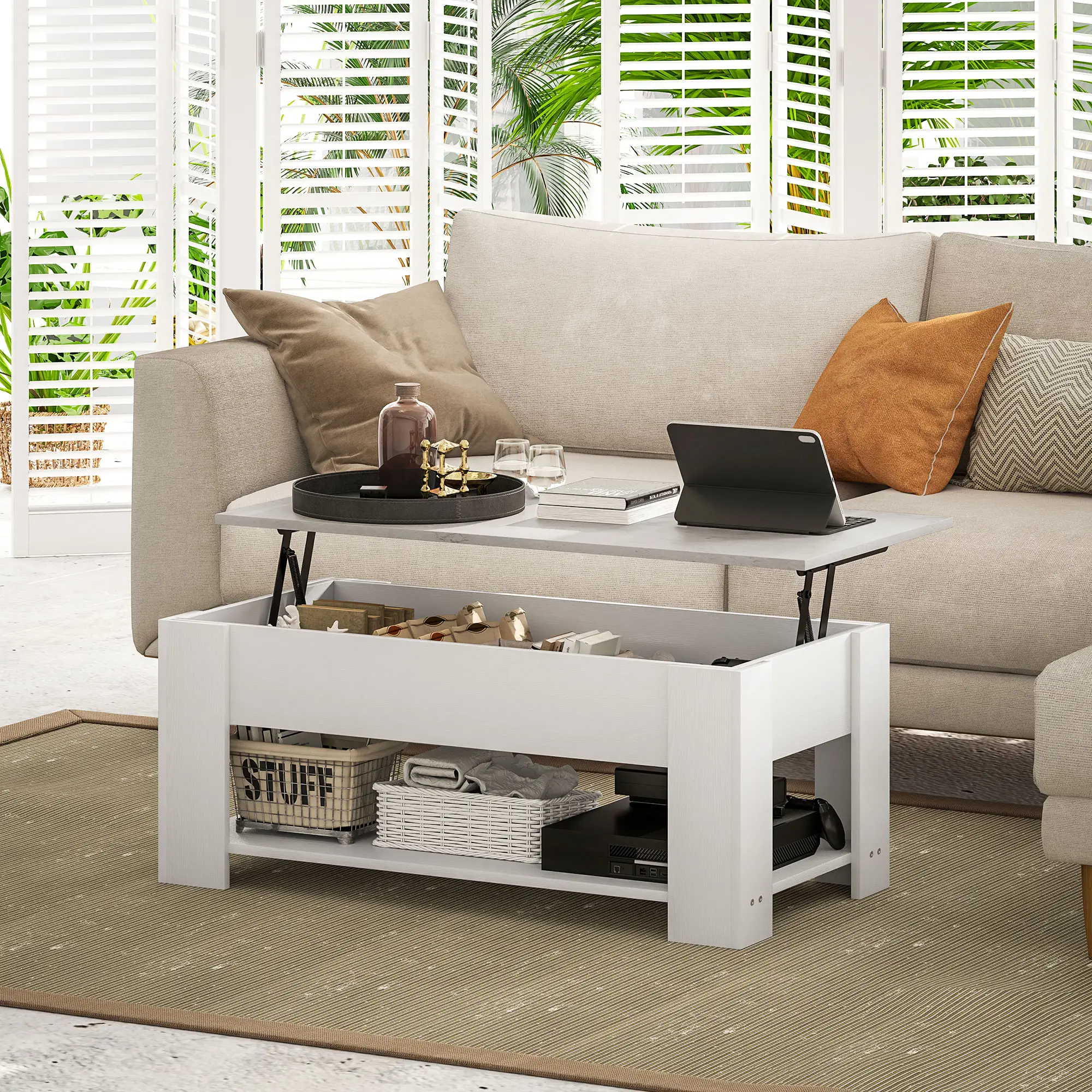 Lift Top Coffee Table, Hidden Storage, Open Shelf, White - Image 8