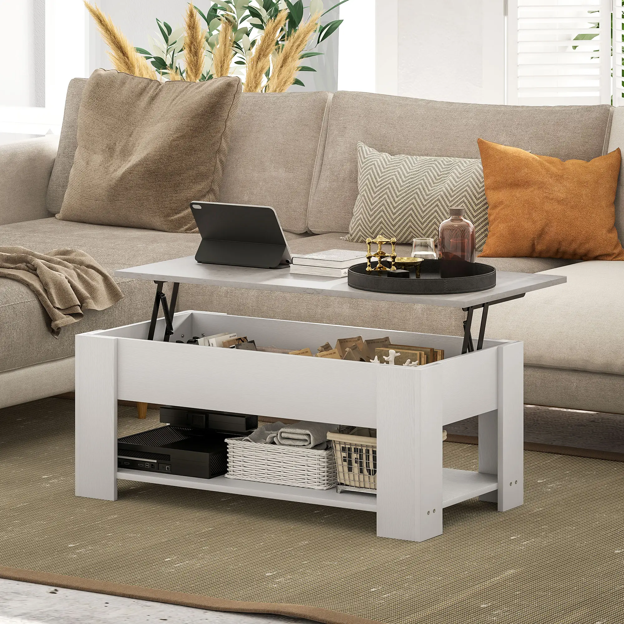 Lift Top Coffee Table, Hidden Storage, Open Shelf, White - Image 9