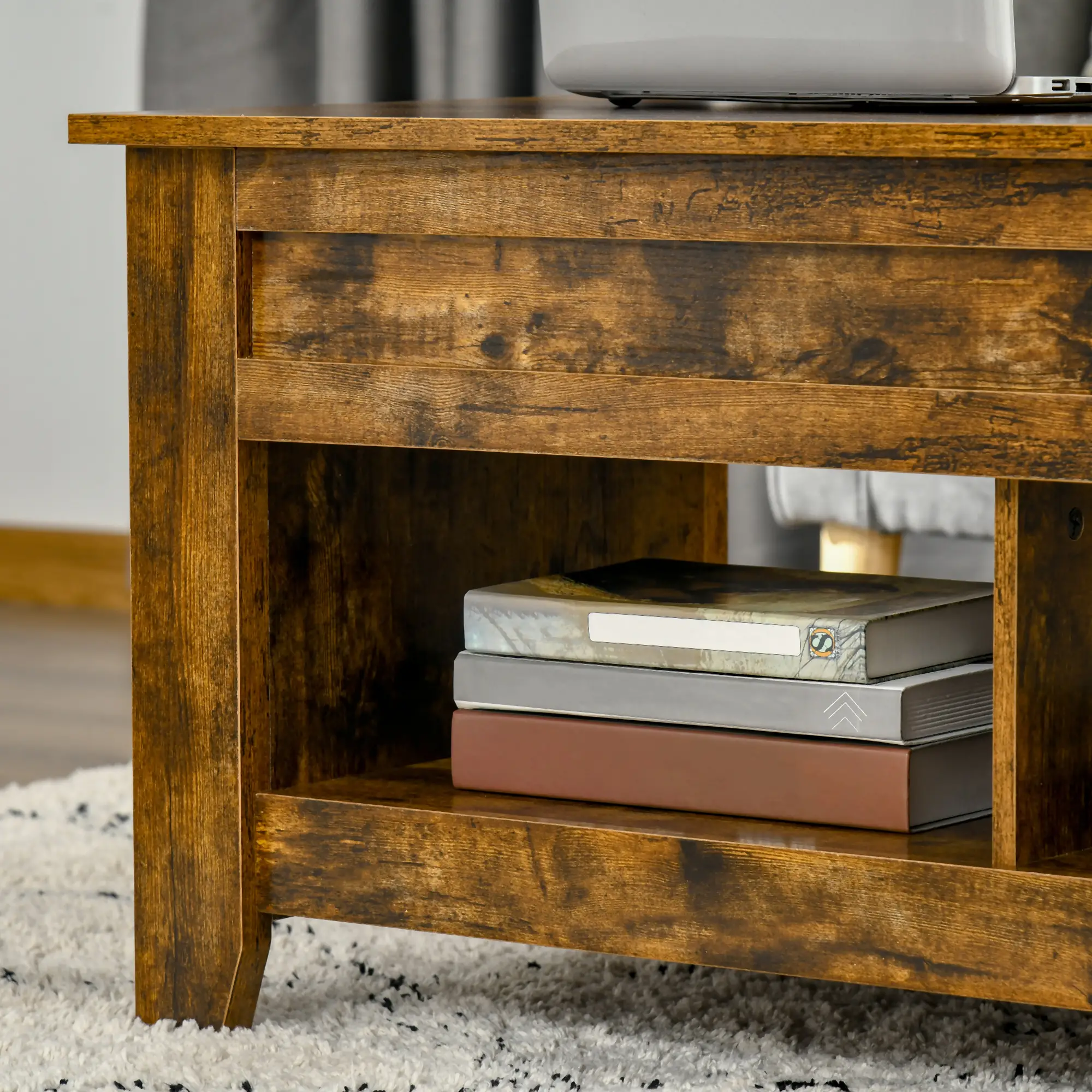 Lift Top Coffee Table, Hidden Storage, Open Shelves, Brown - Image 11