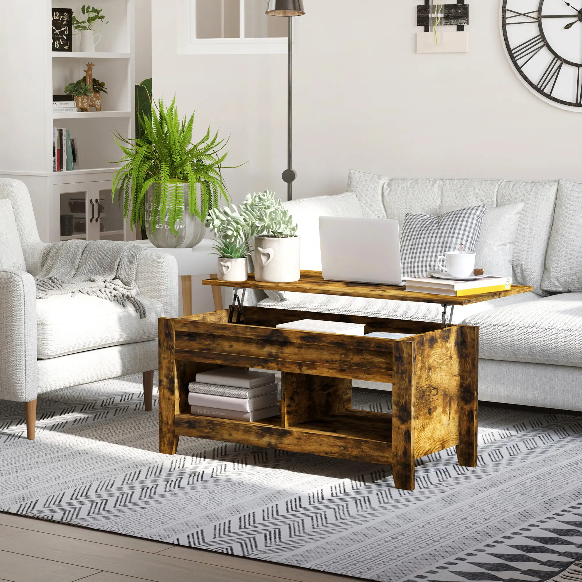 Lift Top Coffee Table, Hidden Storage, Open Shelves, Brown - Image 2