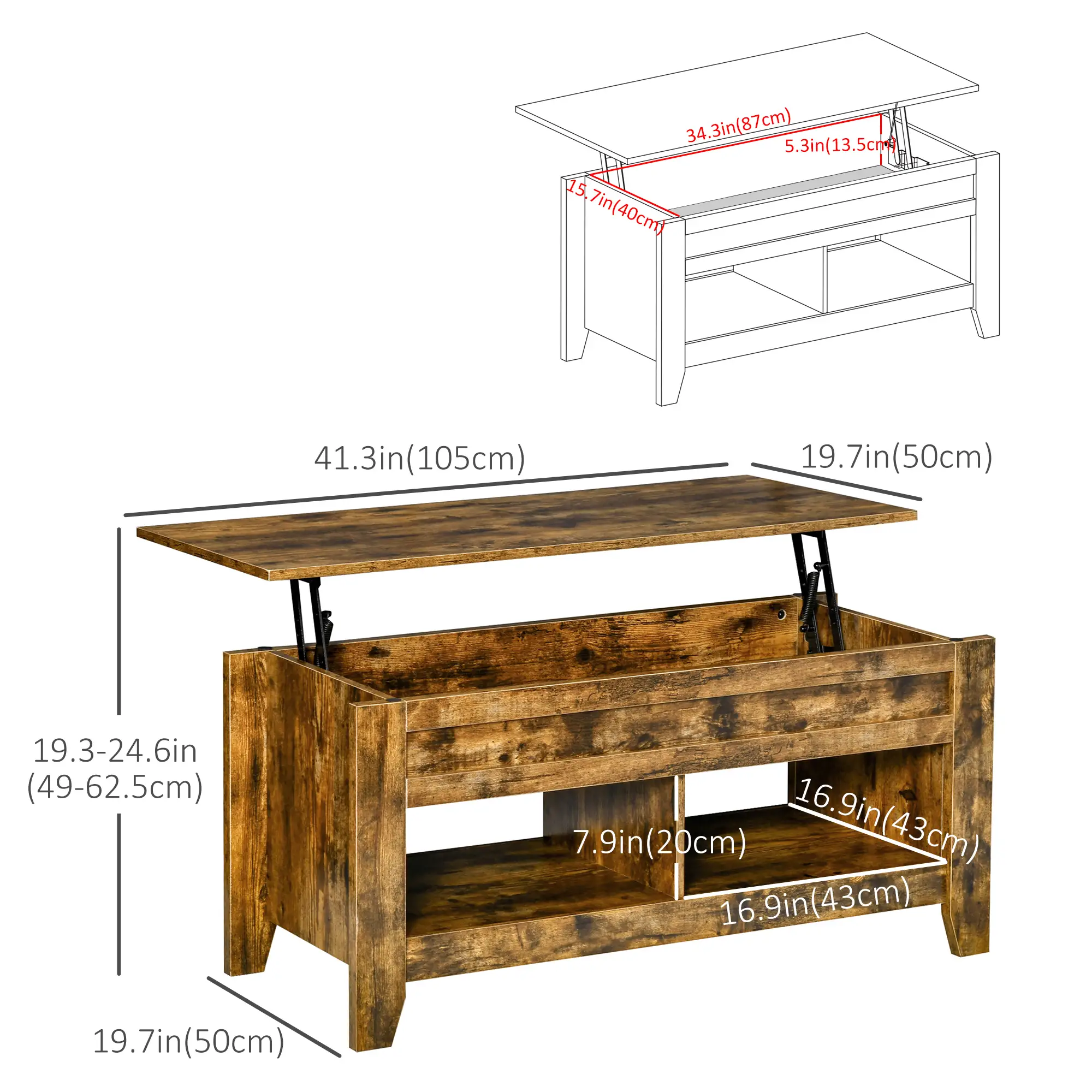 Lift Top Coffee Table, Hidden Storage, Open Shelves, Brown - Image 3