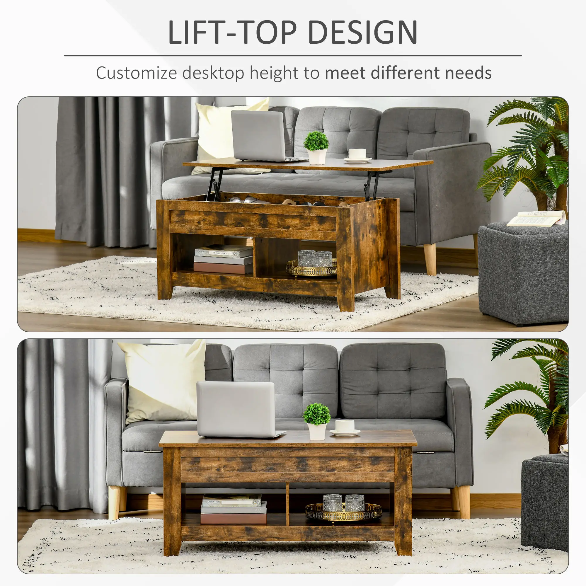 Lift Top Coffee Table, Hidden Storage, Open Shelves, Brown - Image 4