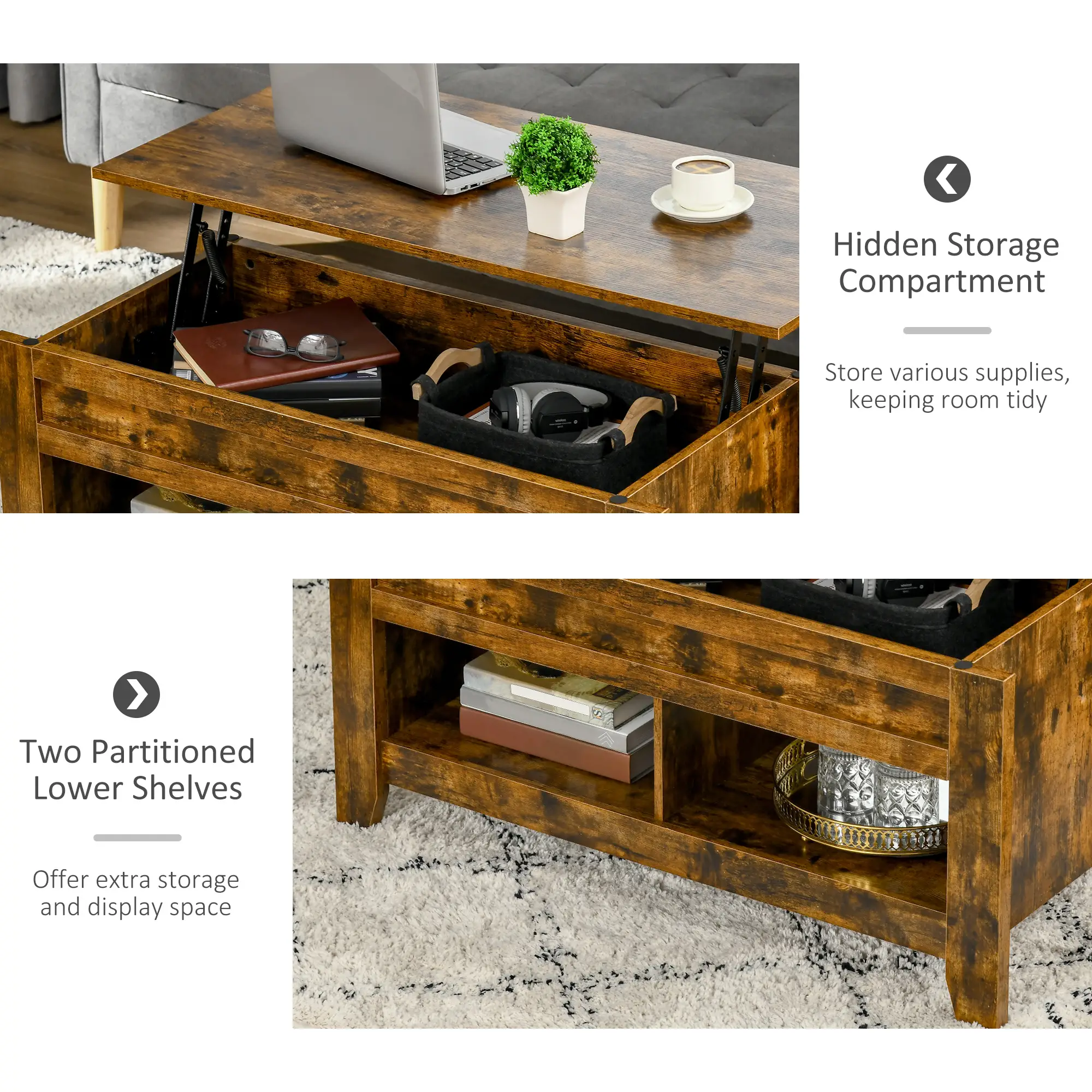 Lift Top Coffee Table, Hidden Storage, Open Shelves, Brown - Image 5
