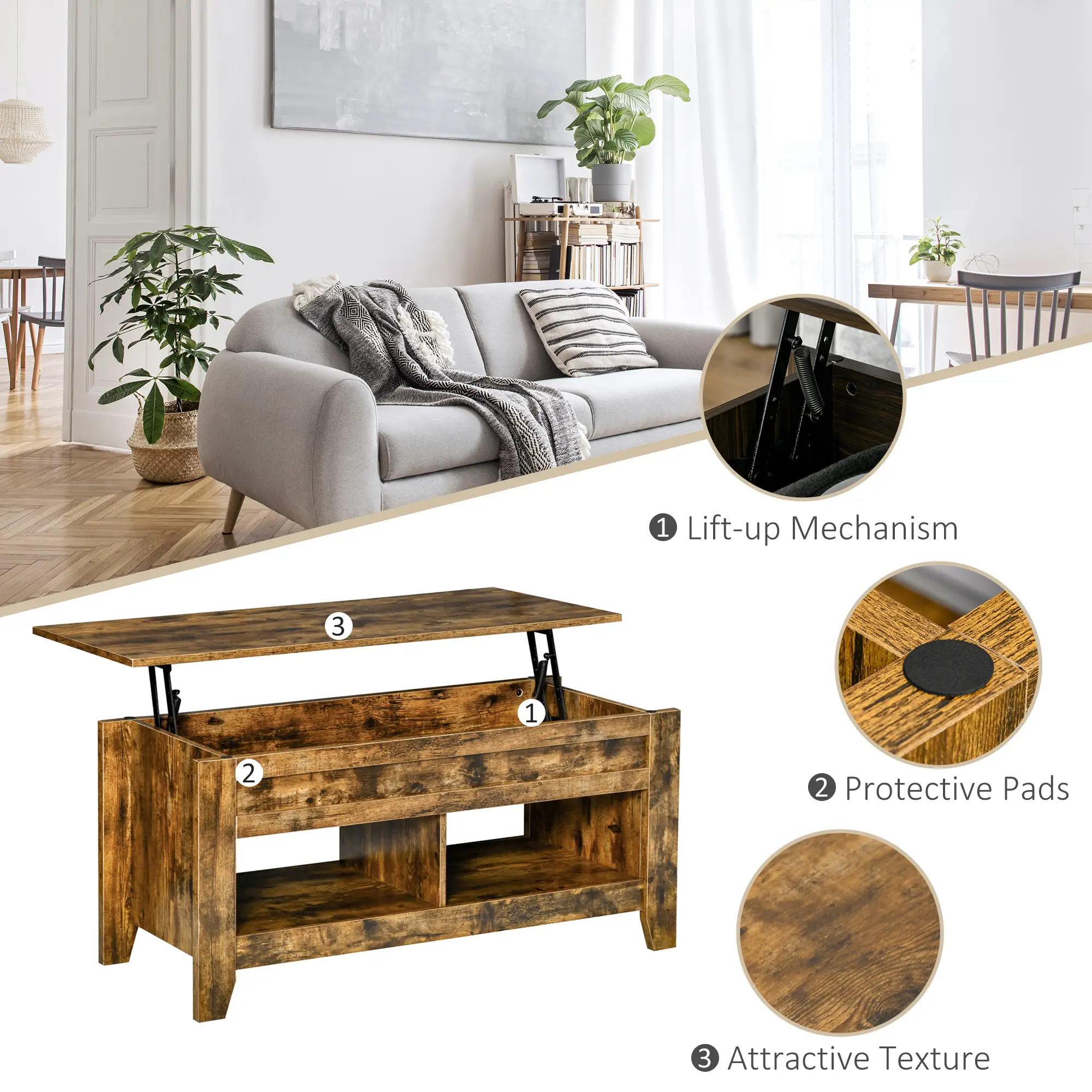 Lift Top Coffee Table, Hidden Storage, Open Shelves, Brown - Image 6