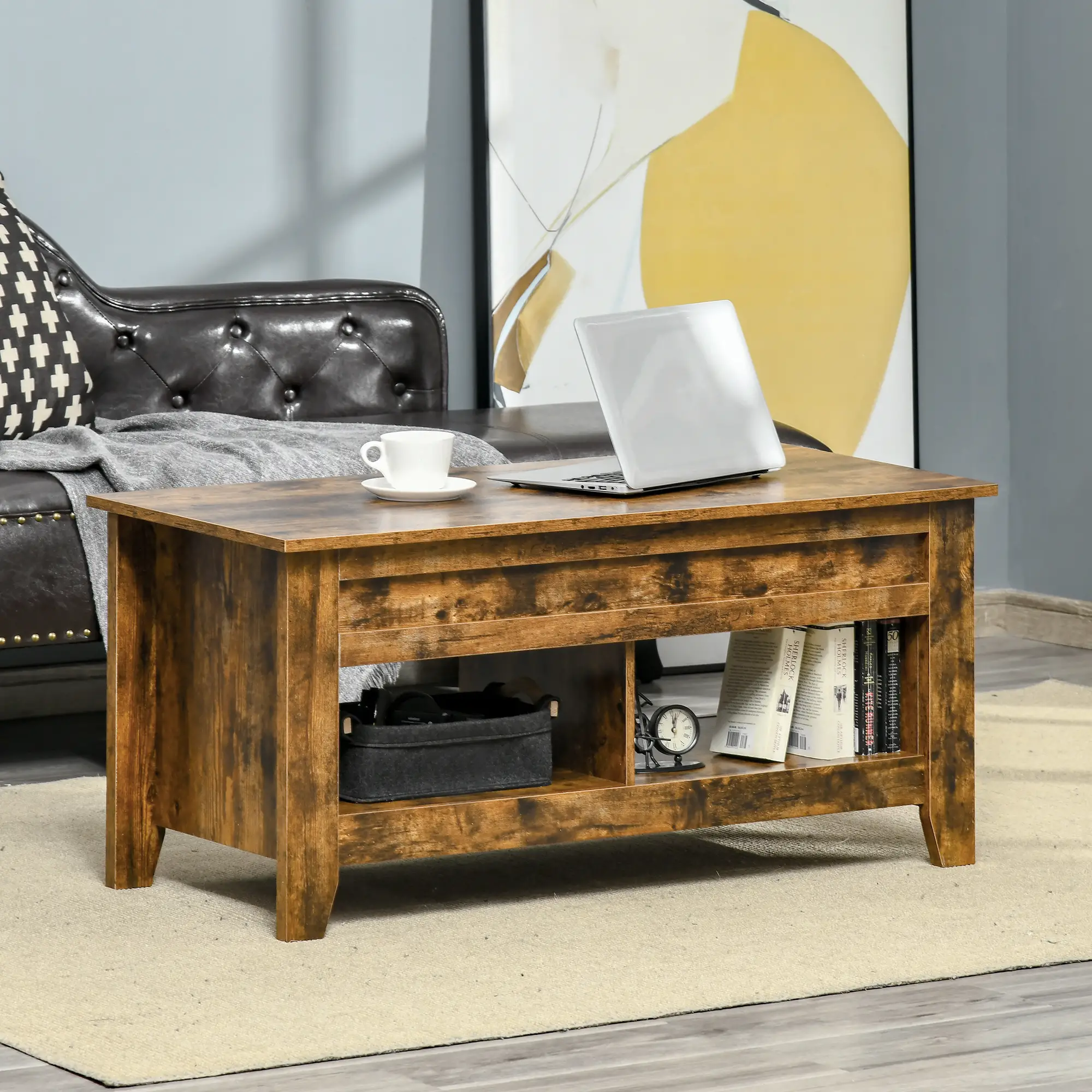 Lift Top Coffee Table, Hidden Storage, Open Shelves, Brown - Image 7
