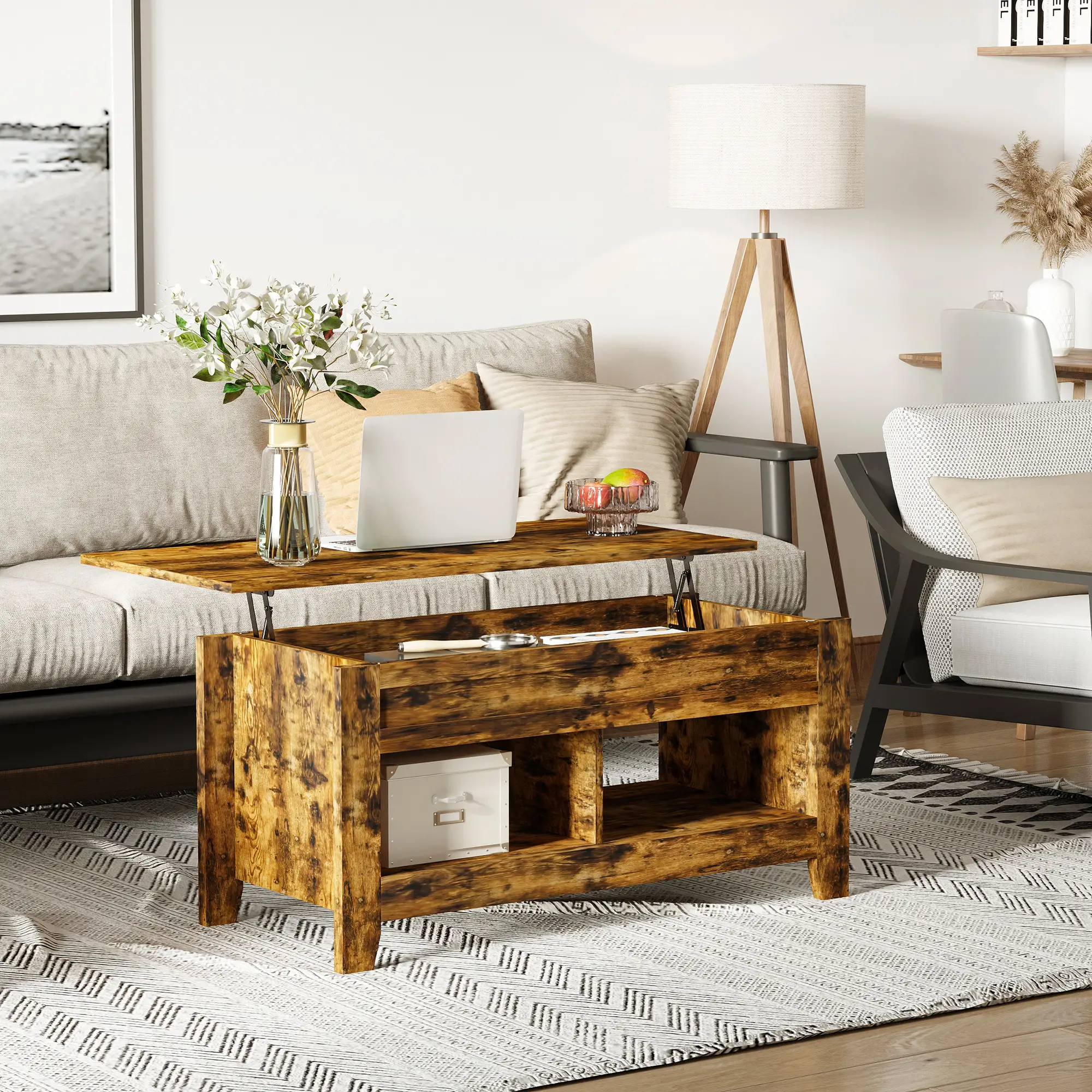 Lift Top Coffee Table, Hidden Storage, Open Shelves, Brown - Image 8