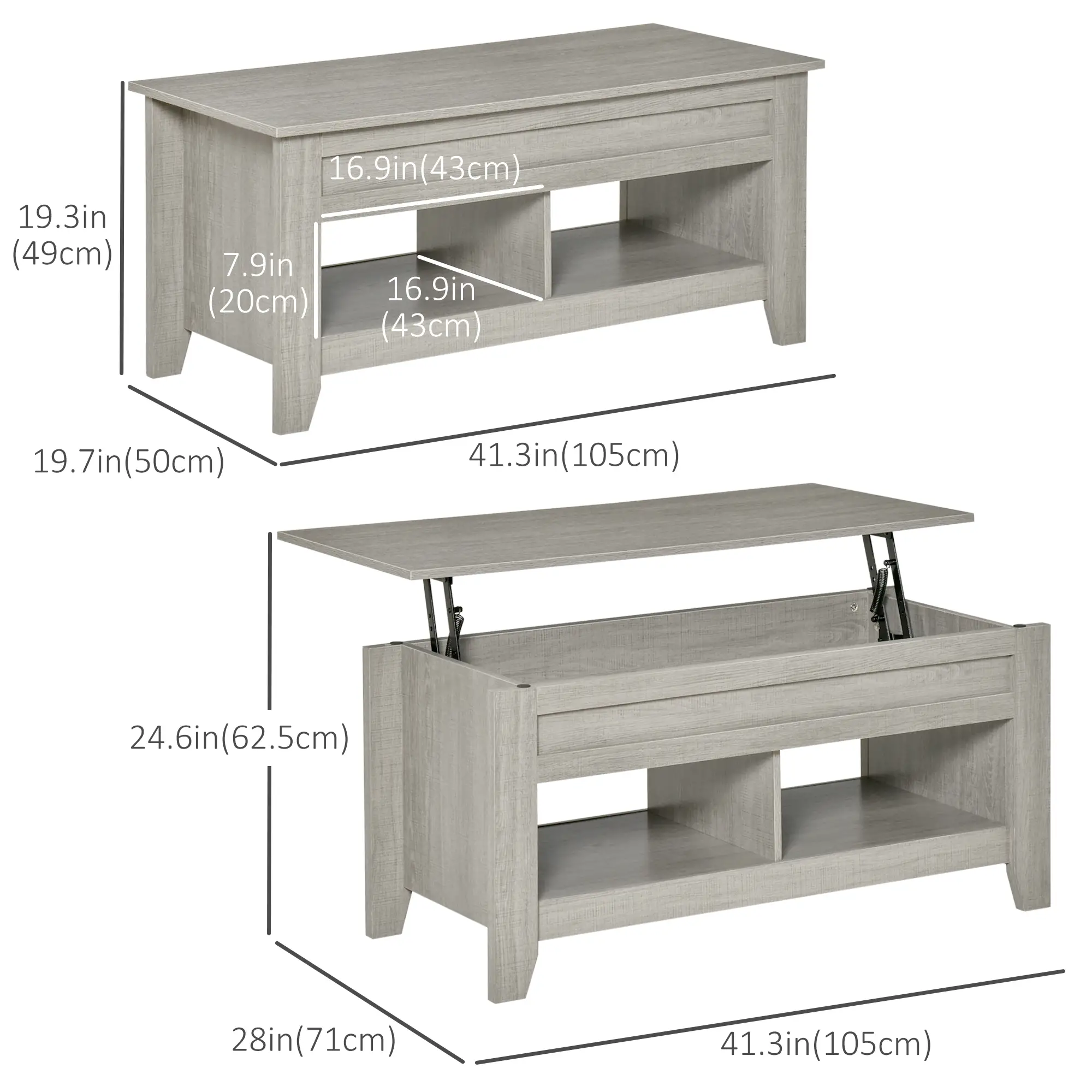 Lift Top Coffee Table, Hidden Storage, Open Shelves, Light Grey - Image 3