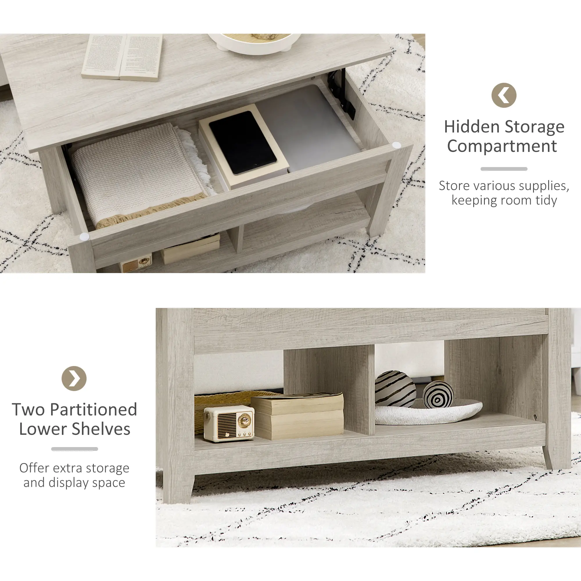 Lift Top Coffee Table, Hidden Storage, Open Shelves, Oak Effect - Image 5