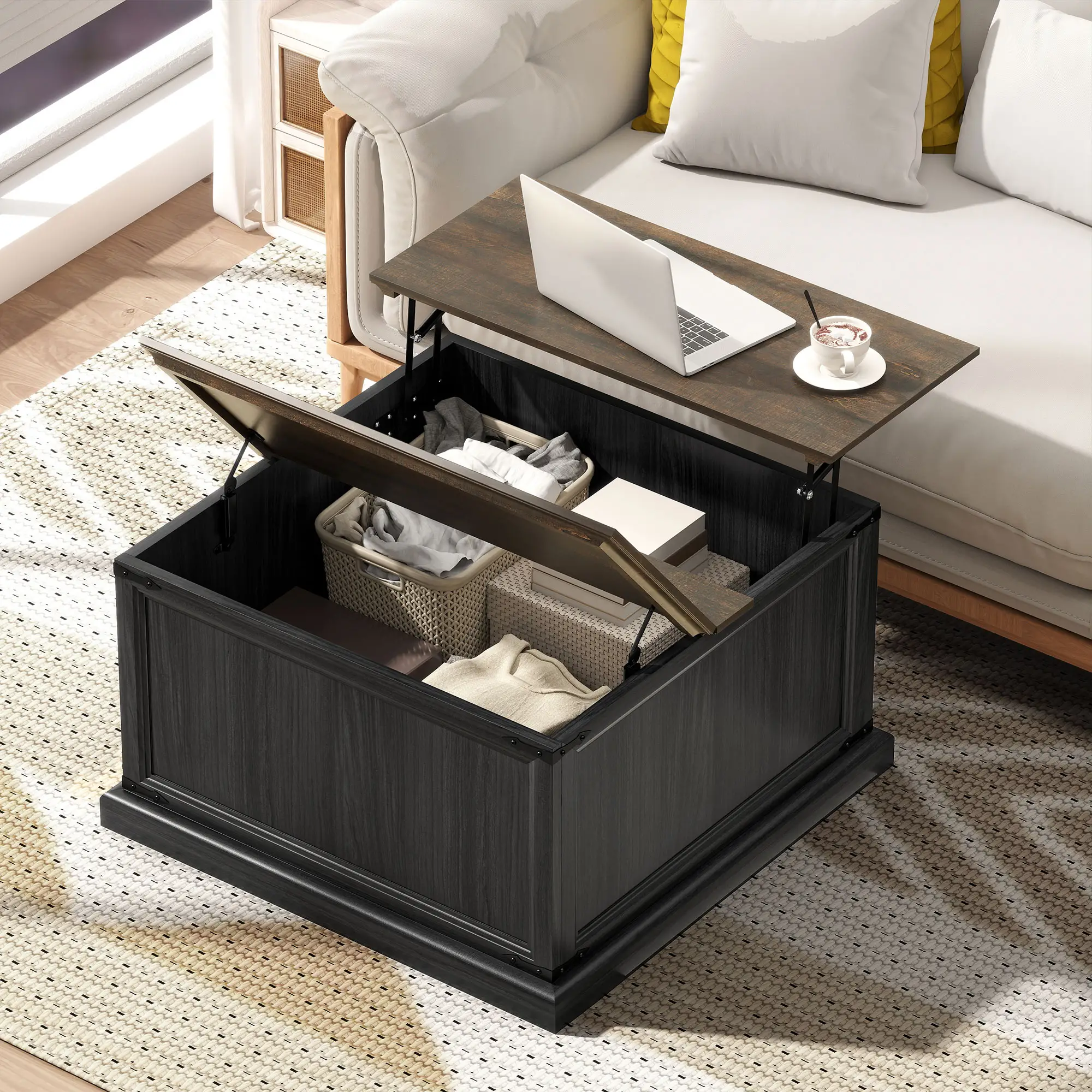 Lift Top Coffee Table, Square Farmhouse Center Table, Wood Grain, Black - Image 10