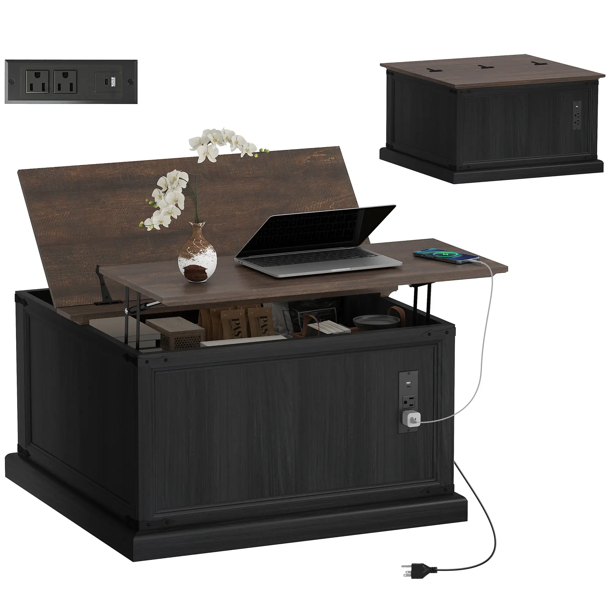 Lift Top Coffee Table, Square Farmhouse Center Table, Wood Grain, Black - Image 11