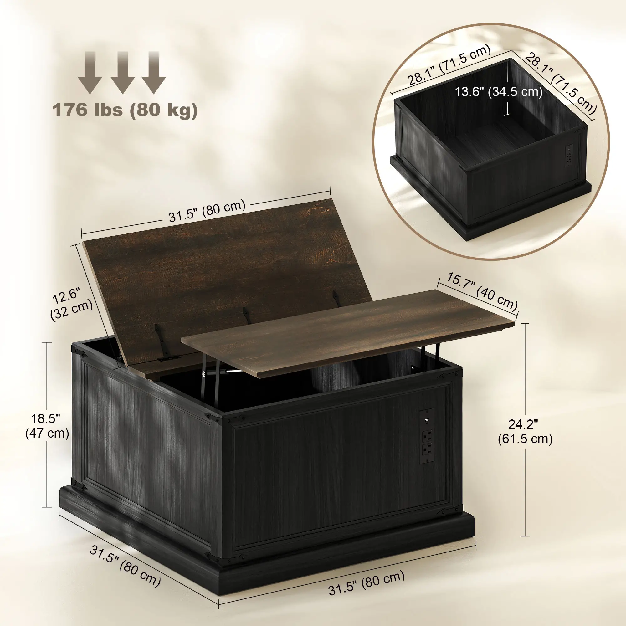 Lift Top Coffee Table, Square Farmhouse Center Table, Wood Grain, Black - Image 3