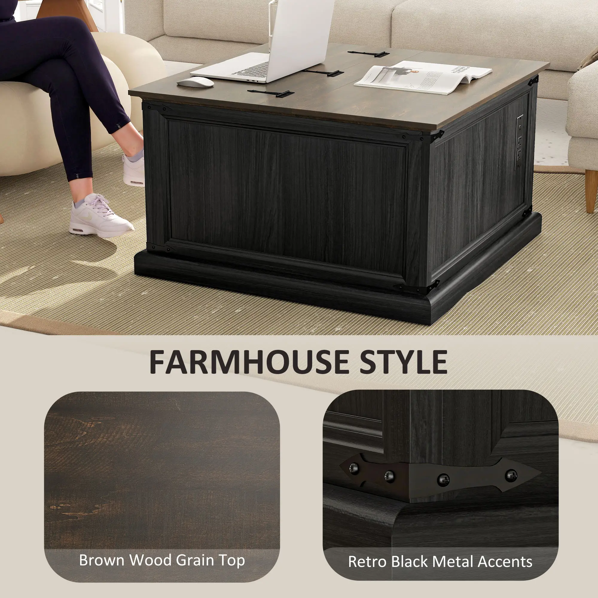 Lift Top Coffee Table, Square Farmhouse Center Table, Wood Grain, Black - Image 6