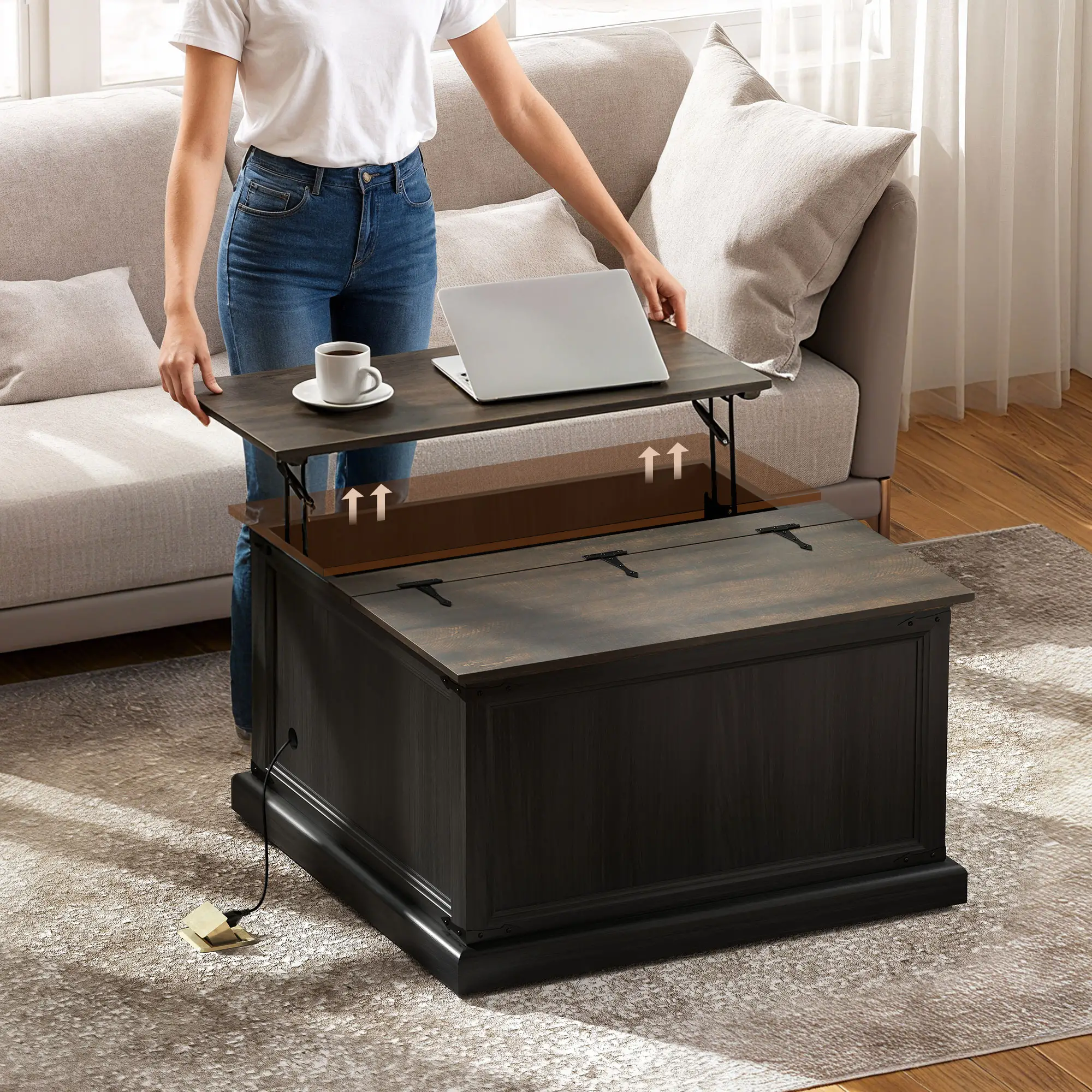 Lift Top Coffee Table, Square Farmhouse Center Table, Wood Grain, Black - Image 7