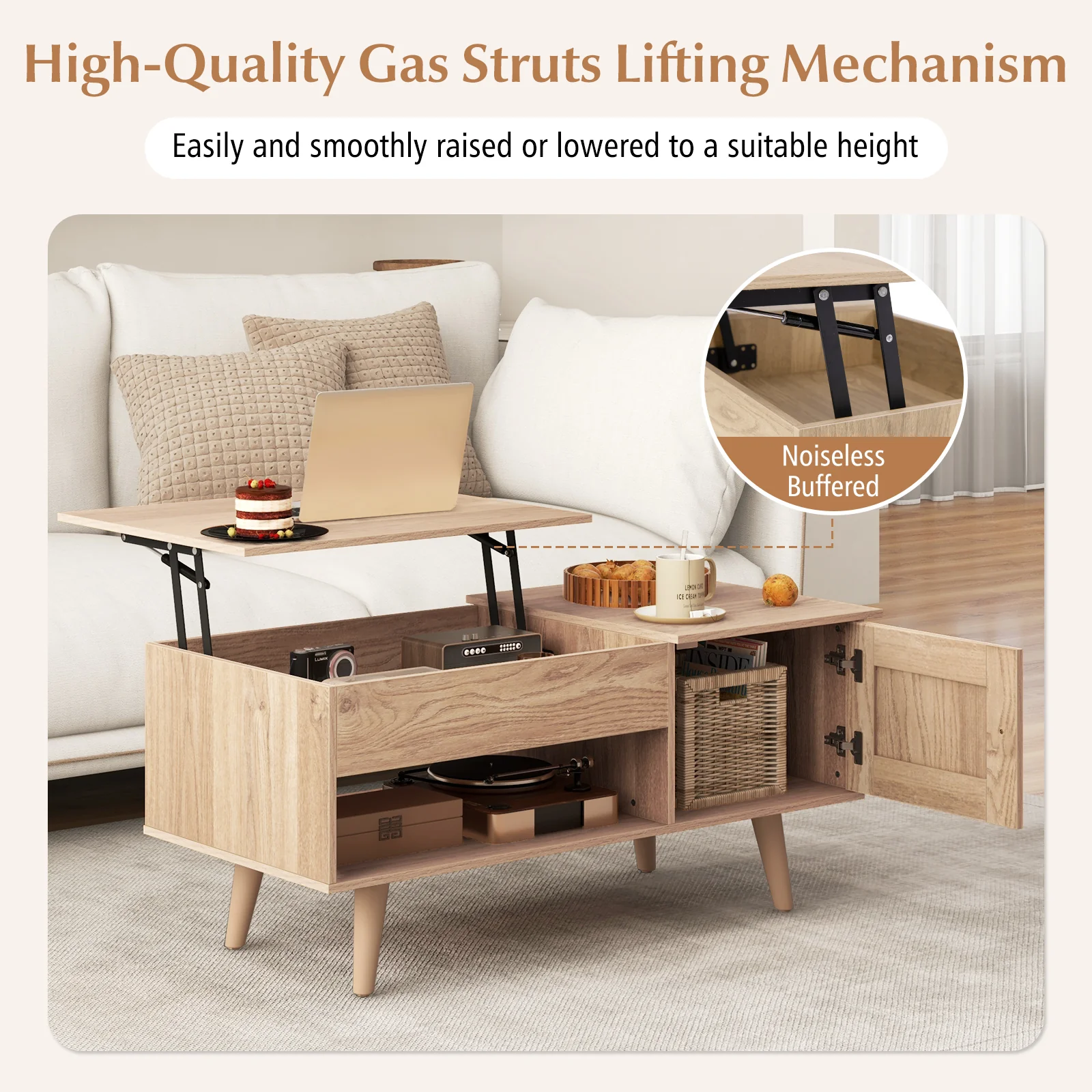 Lift Top Coffee Table, Storage, Hidden Compartment, Natural - Image 10