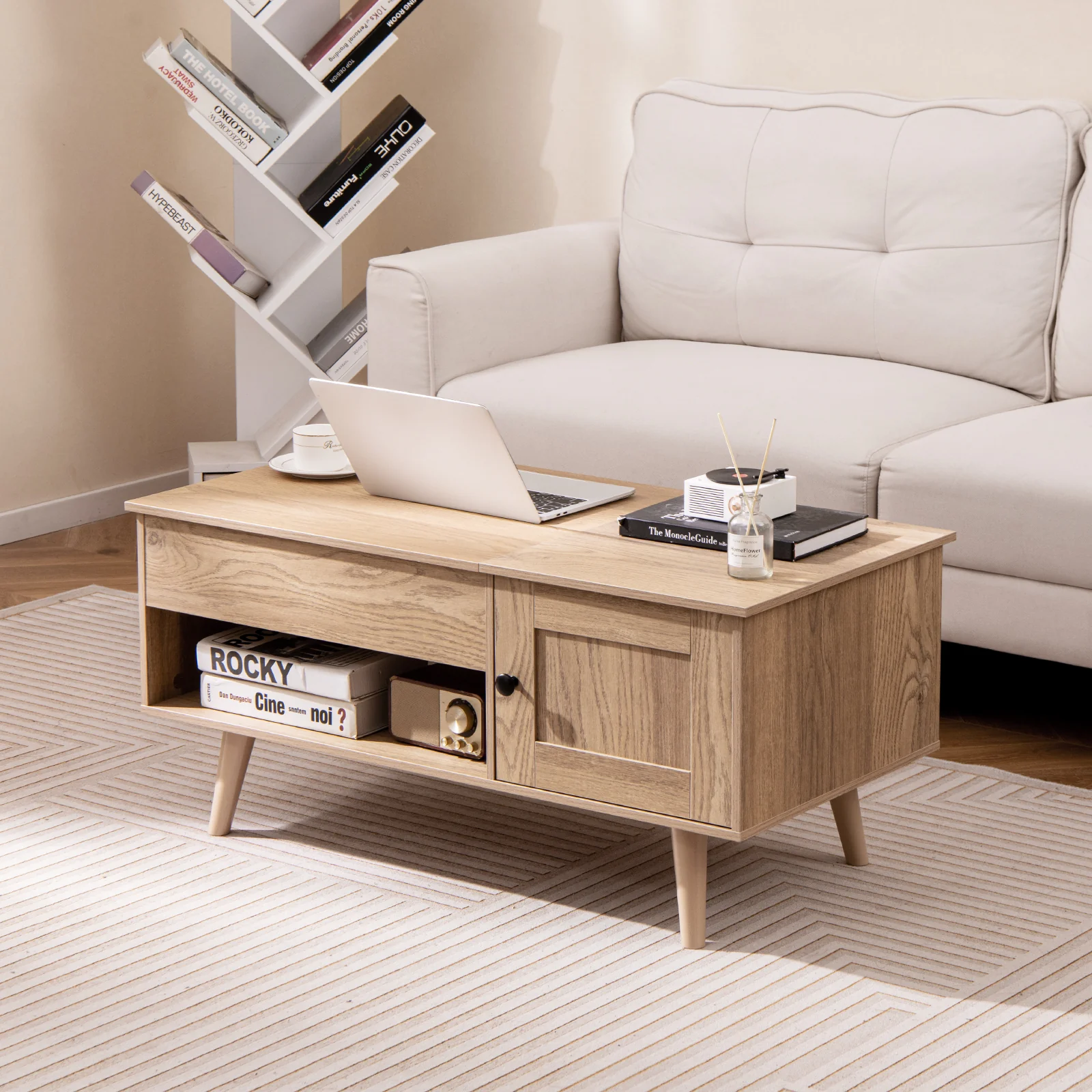 Lift Top Coffee Table, Storage, Hidden Compartment, Natural - Image 2