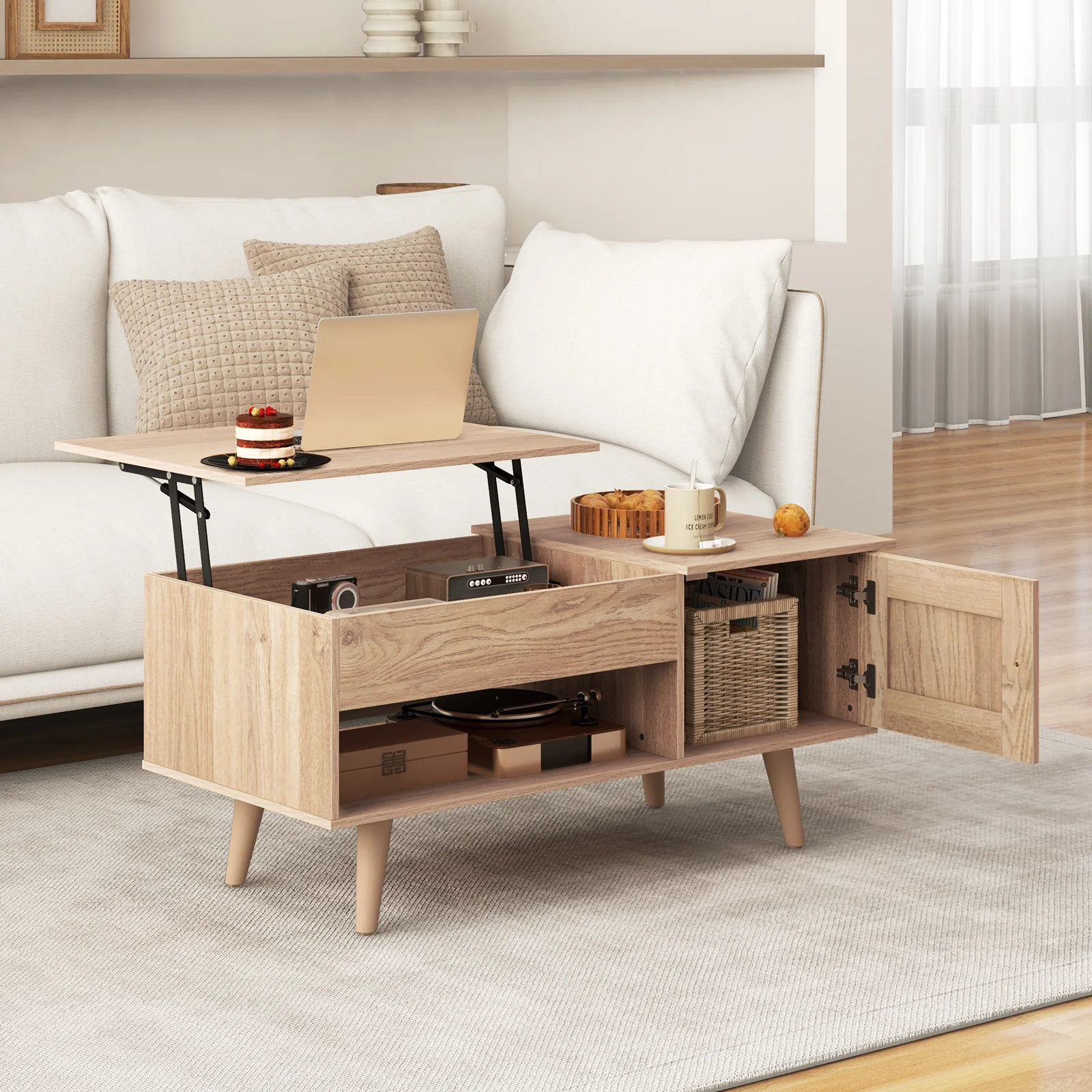Lift Top Coffee Table, Storage, Hidden Compartment, Natural - Image 3