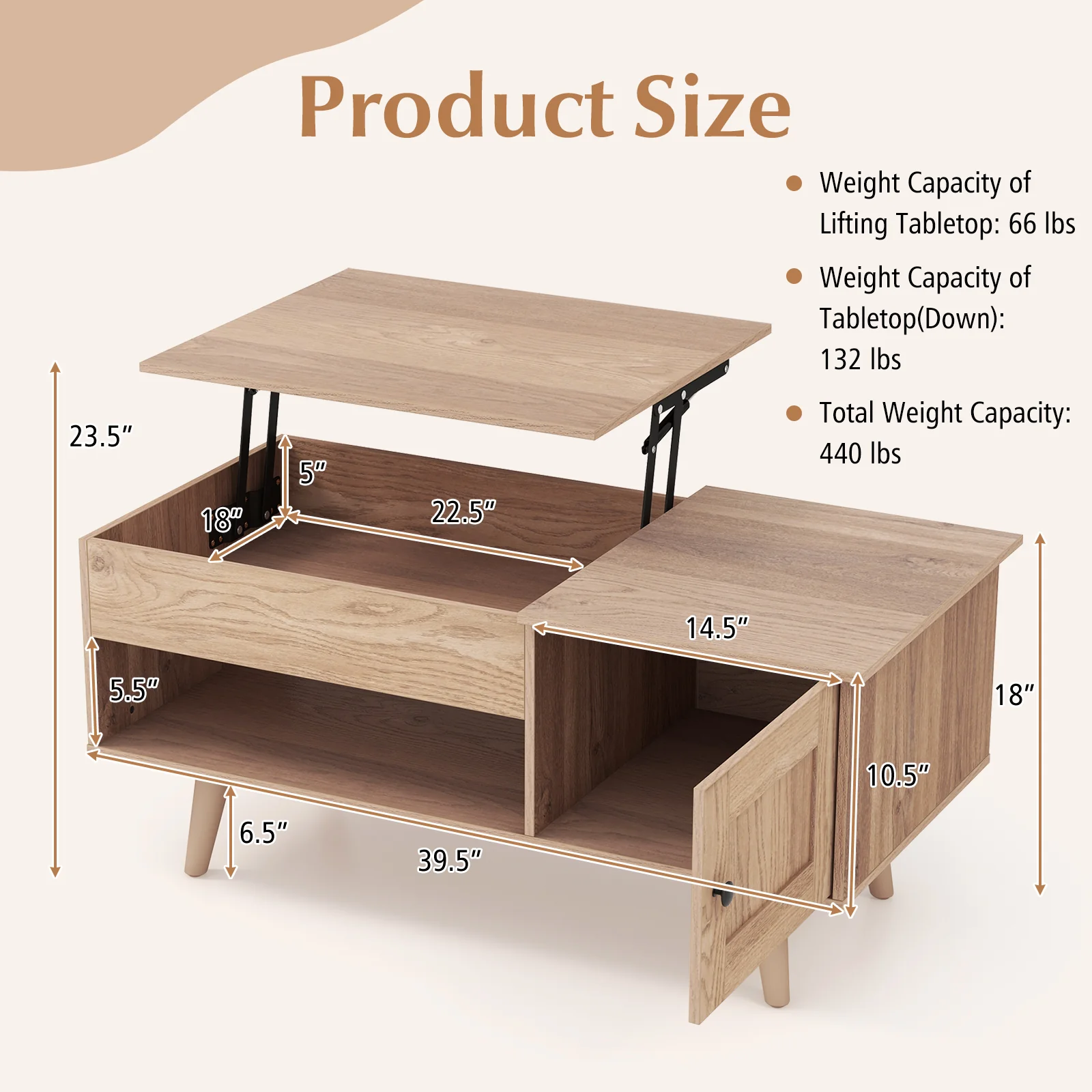 Lift Top Coffee Table, Storage, Hidden Compartment, Natural - Image 6