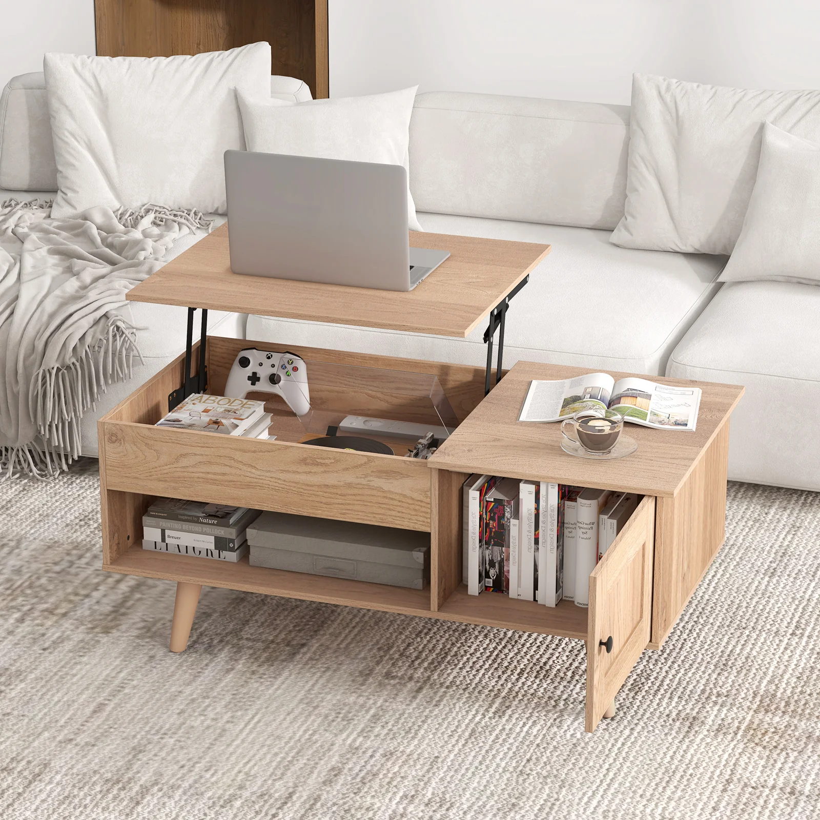 Lift Top Coffee Table, Storage, Hidden Compartment, Natural - Image 8