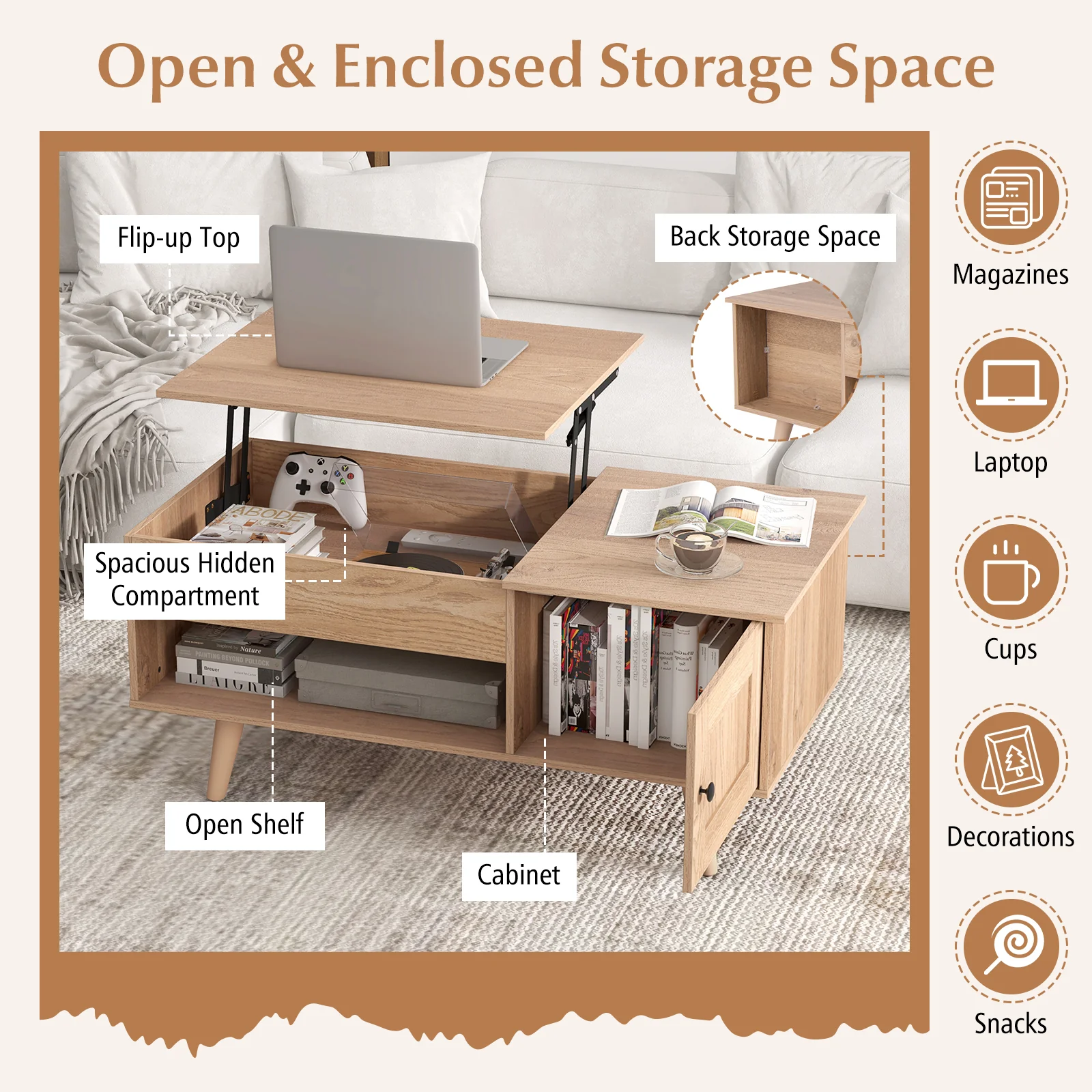 Lift Top Coffee Table, Storage, Hidden Compartment, Natural - Image 9