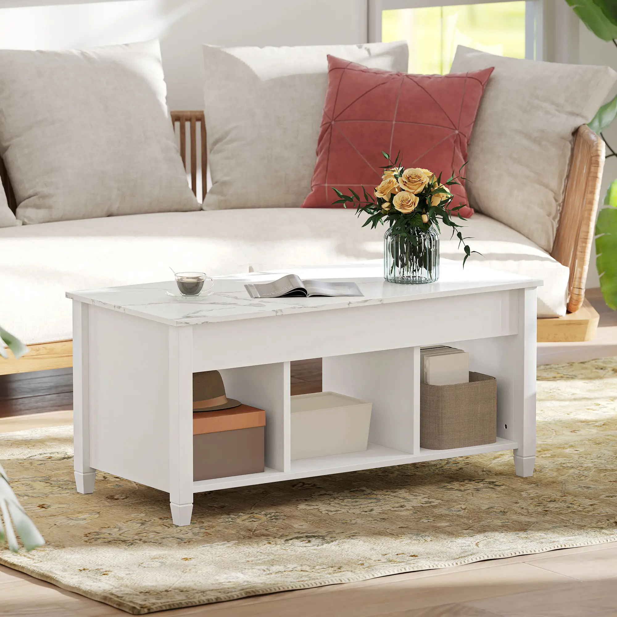 Lift Top Coffee Table, Storage Shelves, Hidden Compartment, 41" L, White - Image 10