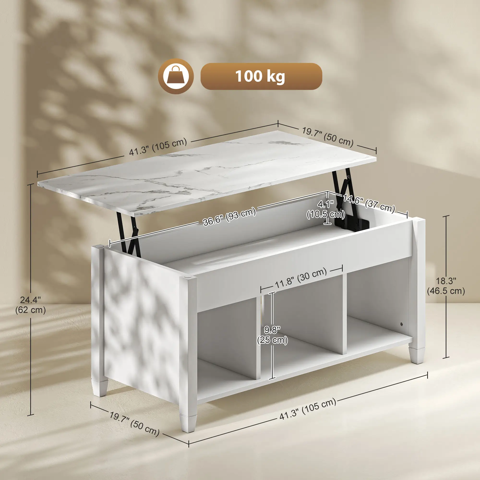 Lift Top Coffee Table, Storage Shelves, Hidden Compartment, 41" L, White - Image 3