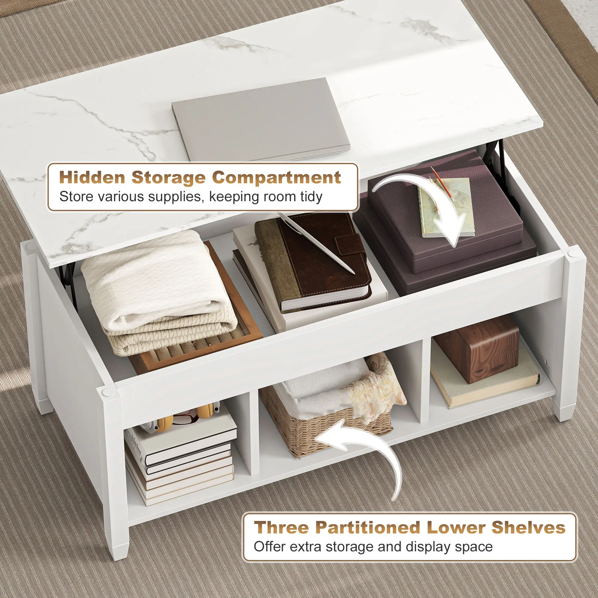 Lift Top Coffee Table, Storage Shelves, Hidden Compartment, 41" L, White - Image 5