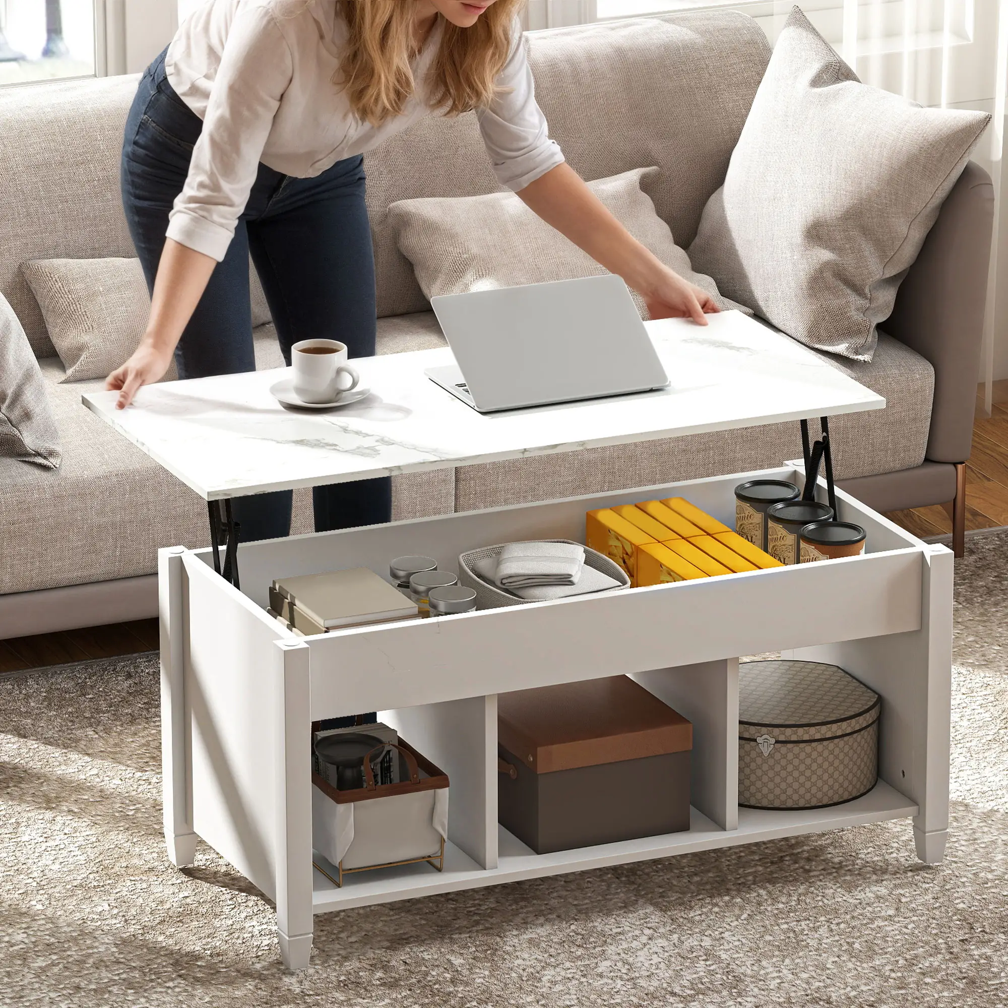 Lift Top Coffee Table, Storage Shelves, Hidden Compartment, 41" L, White - Image 7