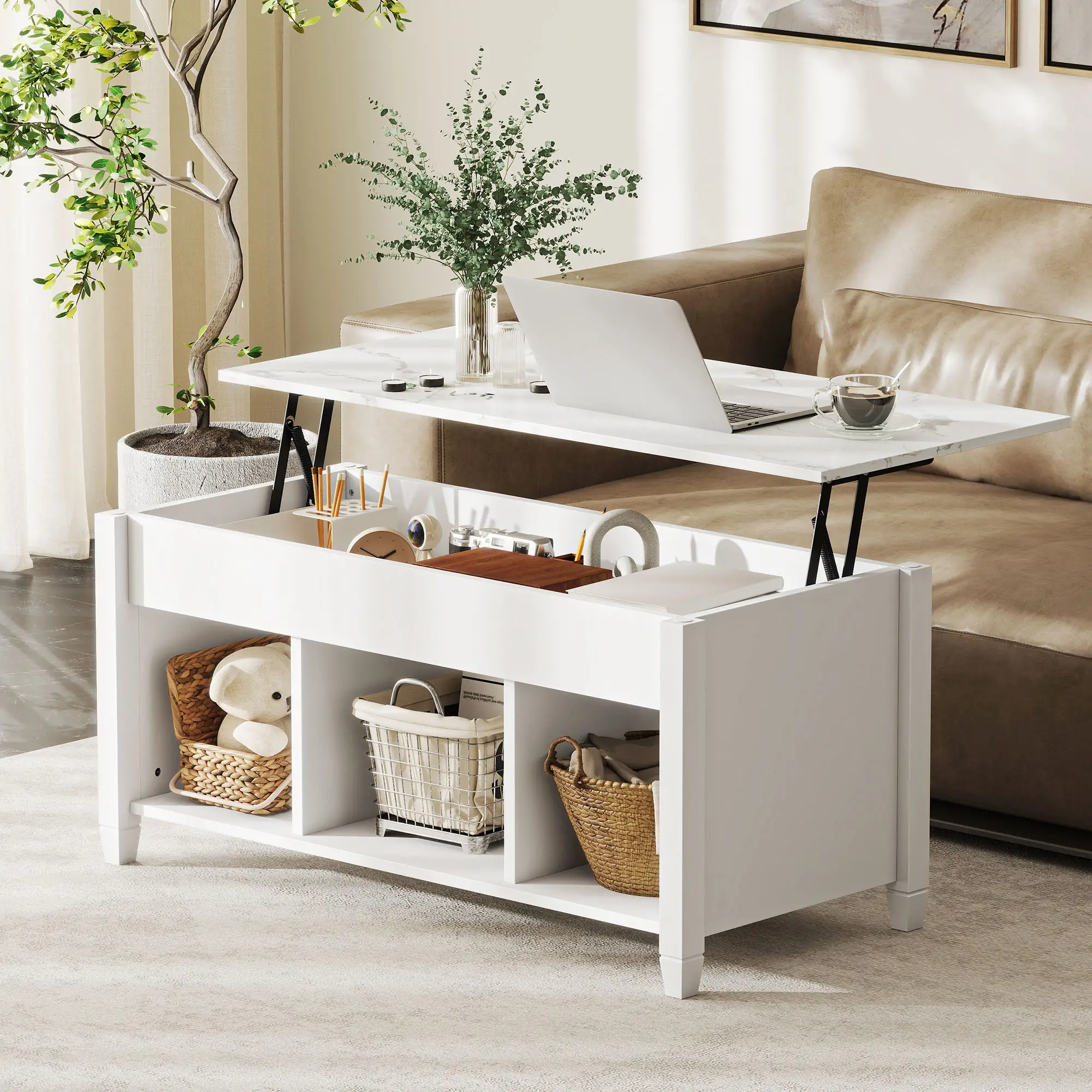 Lift Top Coffee Table, Storage Shelves, Hidden Compartment, 41" L, White - Image 8