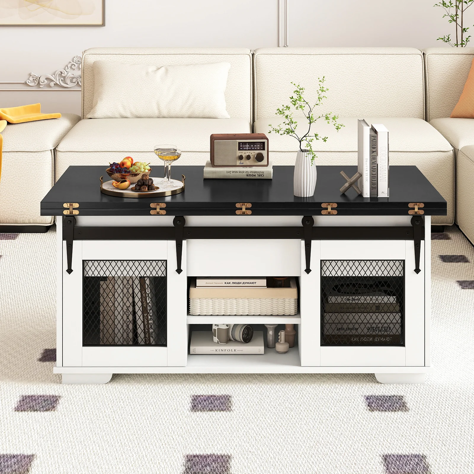 Lift Top Coffee Table with 2 Sliding Barn Doors, Black - Image 3