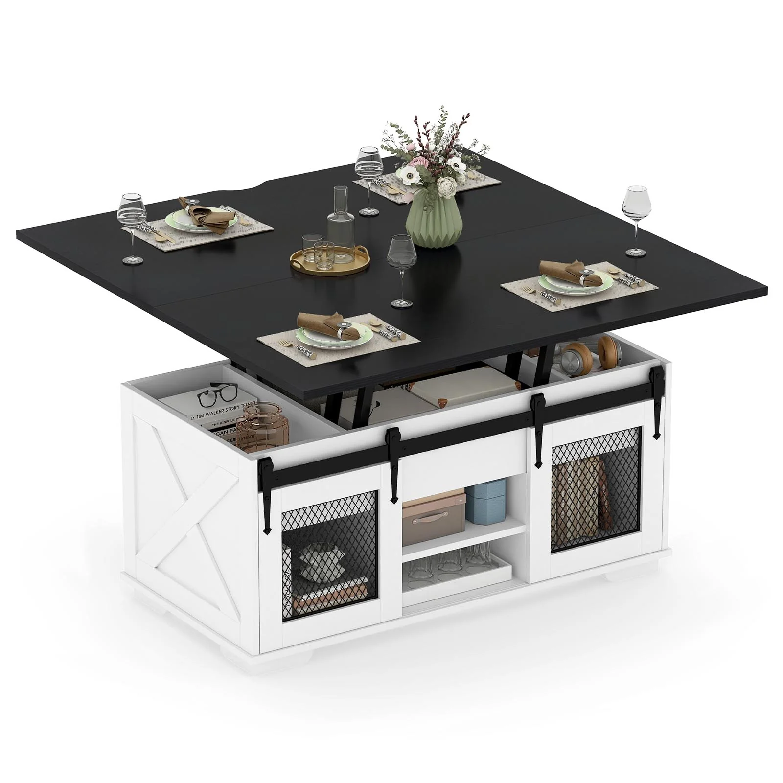 Lift Top Coffee Table with 2 Sliding Barn Doors, Black - Image 4