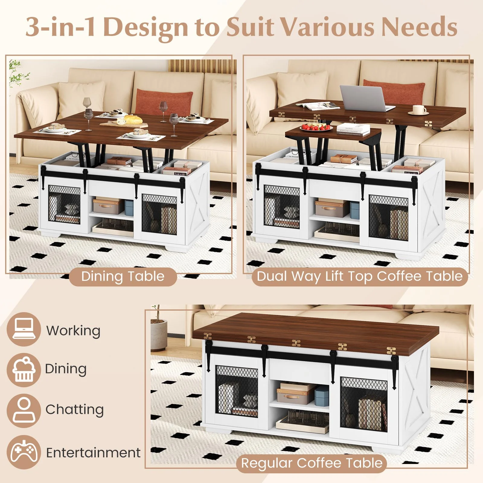 Lift Top Coffee Table with 2 Sliding Barn Doors, Walnut - Image 10