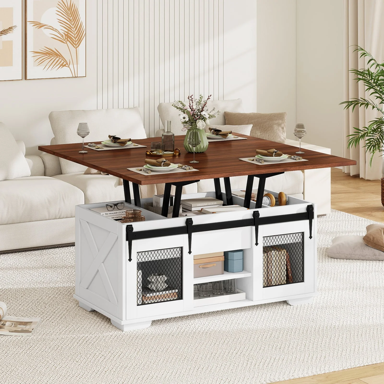 Lift Top Coffee Table with 2 Sliding Barn Doors, Walnut - Image 2
