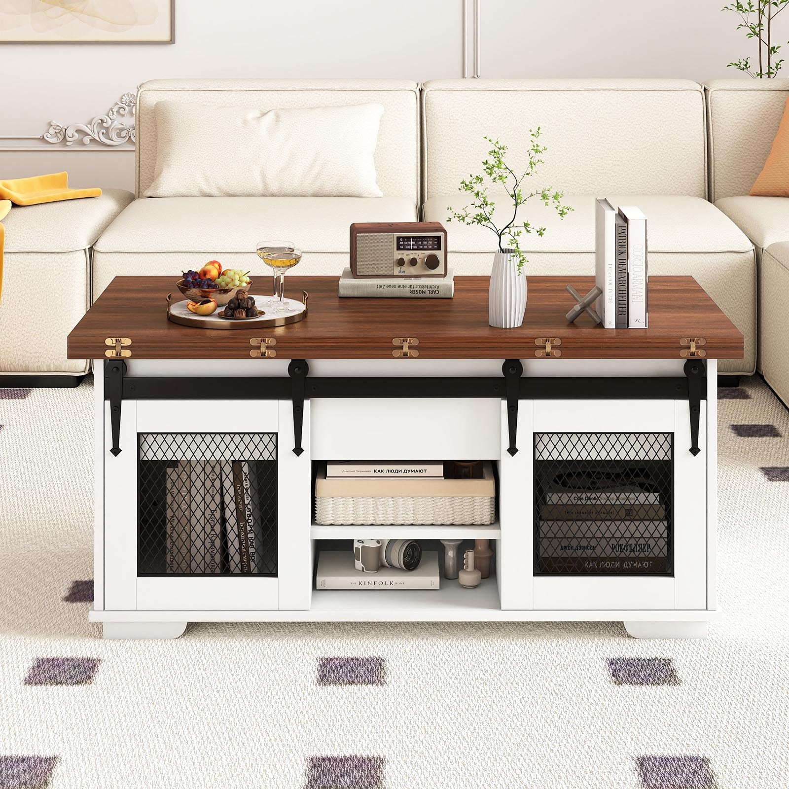 Lift Top Coffee Table with 2 Sliding Barn Doors, Walnut - Image 3