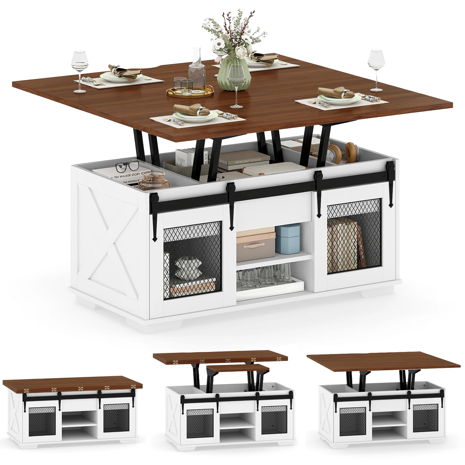 Lift Top Coffee Table with 2 Sliding Barn Doors, Walnut - Image 4