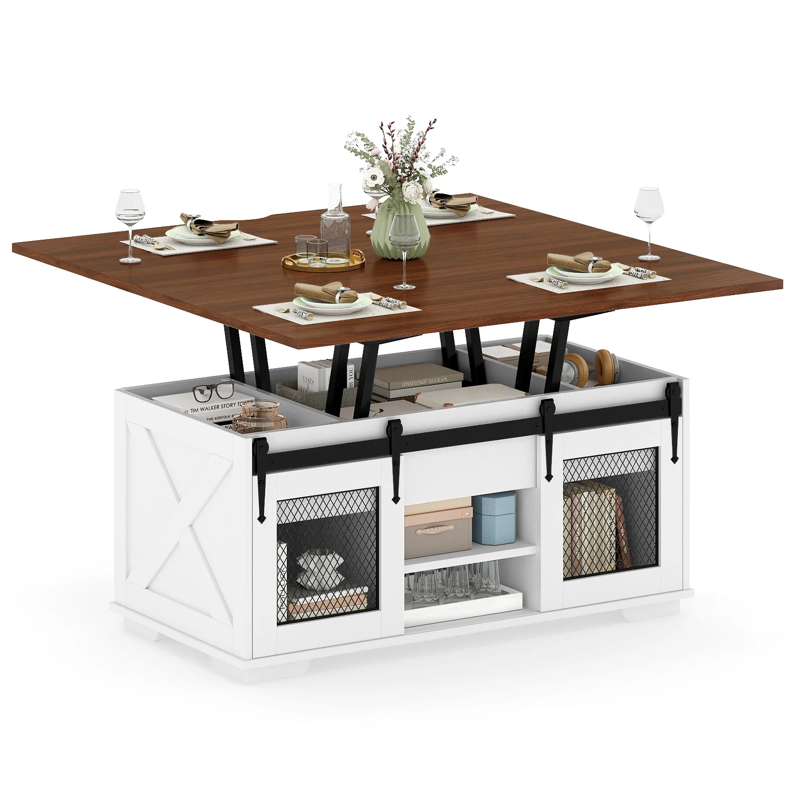 Lift Top Coffee Table with 2 Sliding Barn Doors, Walnut - Image 5